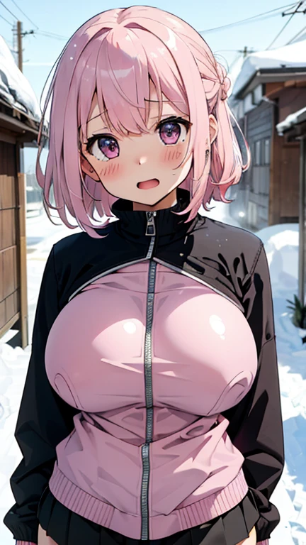 TACHIBANAKYOUKO, PINK HAIR, BOB CUT, SHORT HAIR, YELLOW EYES, , empty eyes , large breasts, solo, nipple, ride a bicycle, Heavy snowfall area Freezing wet crying
