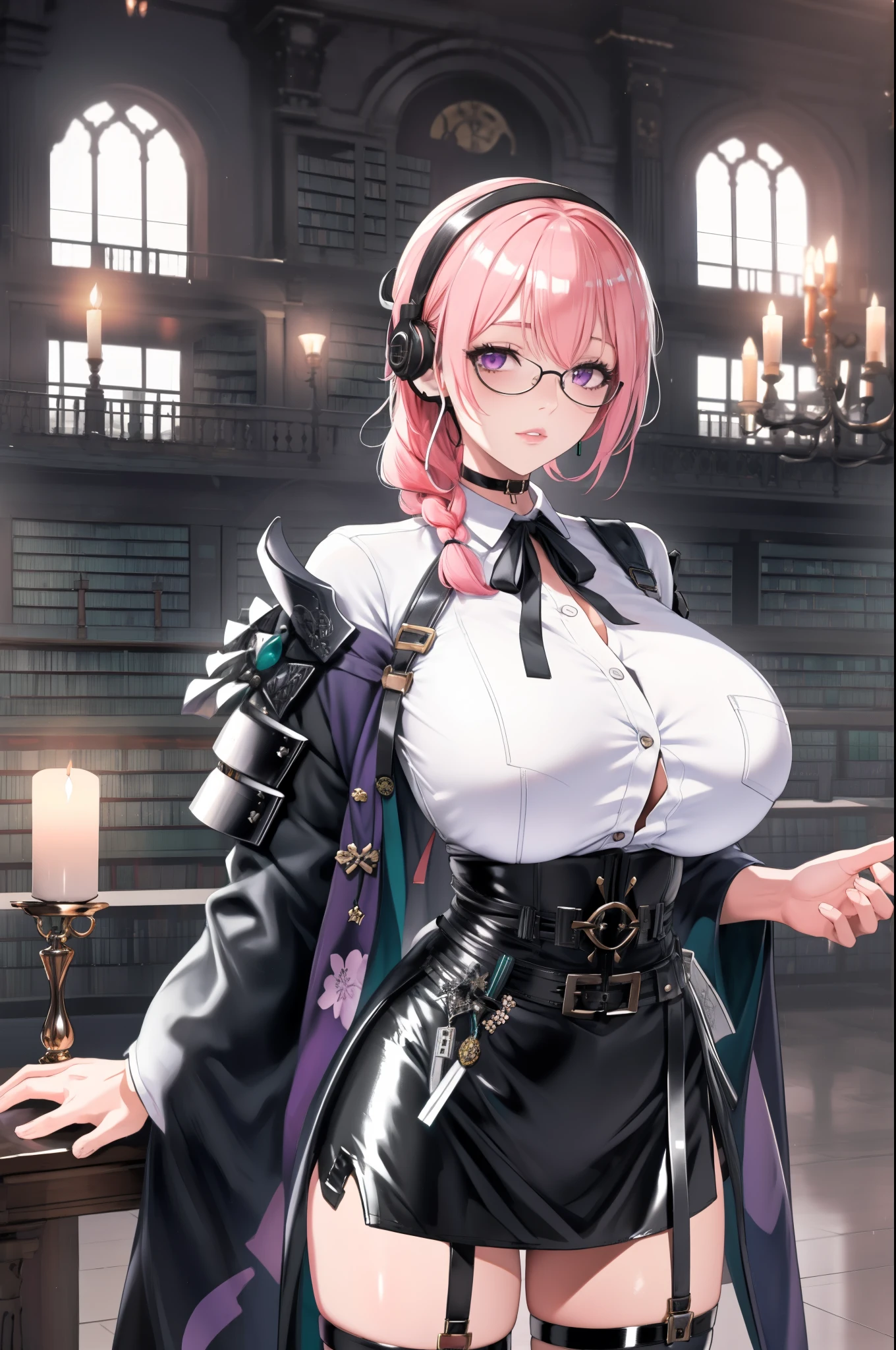 bright clothes, a girl, (Yanagi Tsukishiro ), Alone, Standing, front view, looking at the spectator , long braided hair pink, beautiful eyes , detailed eyes , purple eyes shirt, huge breasts, sensual lips, ((samurai armor shoulder pad)) , (earpiece), harness, glasses, choker :1.6, black gloves, ((high waist shiny black miniskirt)), ((White buttoned shirt with collar)), (black ribbon for the chest), (dark green neck strap), (Gothic style library ), Gloomy ambience, candelabras