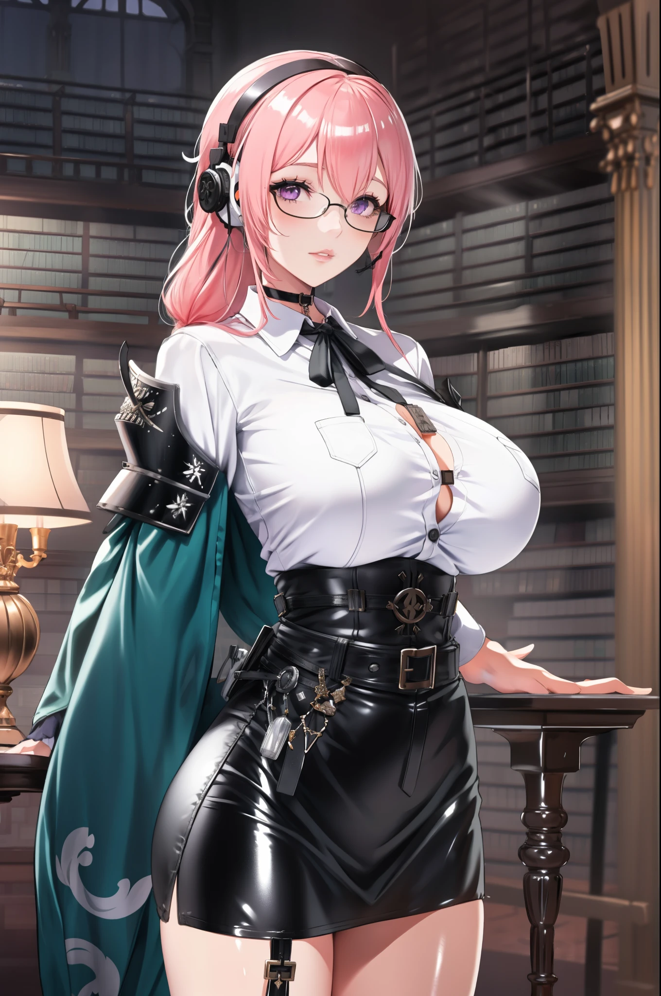 bright clothes, a girl, (Yanagi Tsukishiro ), Alone, Standing, front view,  looking at the spectator , long braided hair pink, beautiful eyes ,  detailed eyes , purple eyes shirt, huge breasts, sensual lips, ((samurai armor shoulder pad)) , (earpiece), harness, glasses,  choker :1.6,  black gloves, ((high waist shiny black miniskirt)),  ((White buttoned shirt with collar)),  (black ribbon for the chest), (dark green neck strap), (Gothic style library ), Gloomy ambience, candelabras
