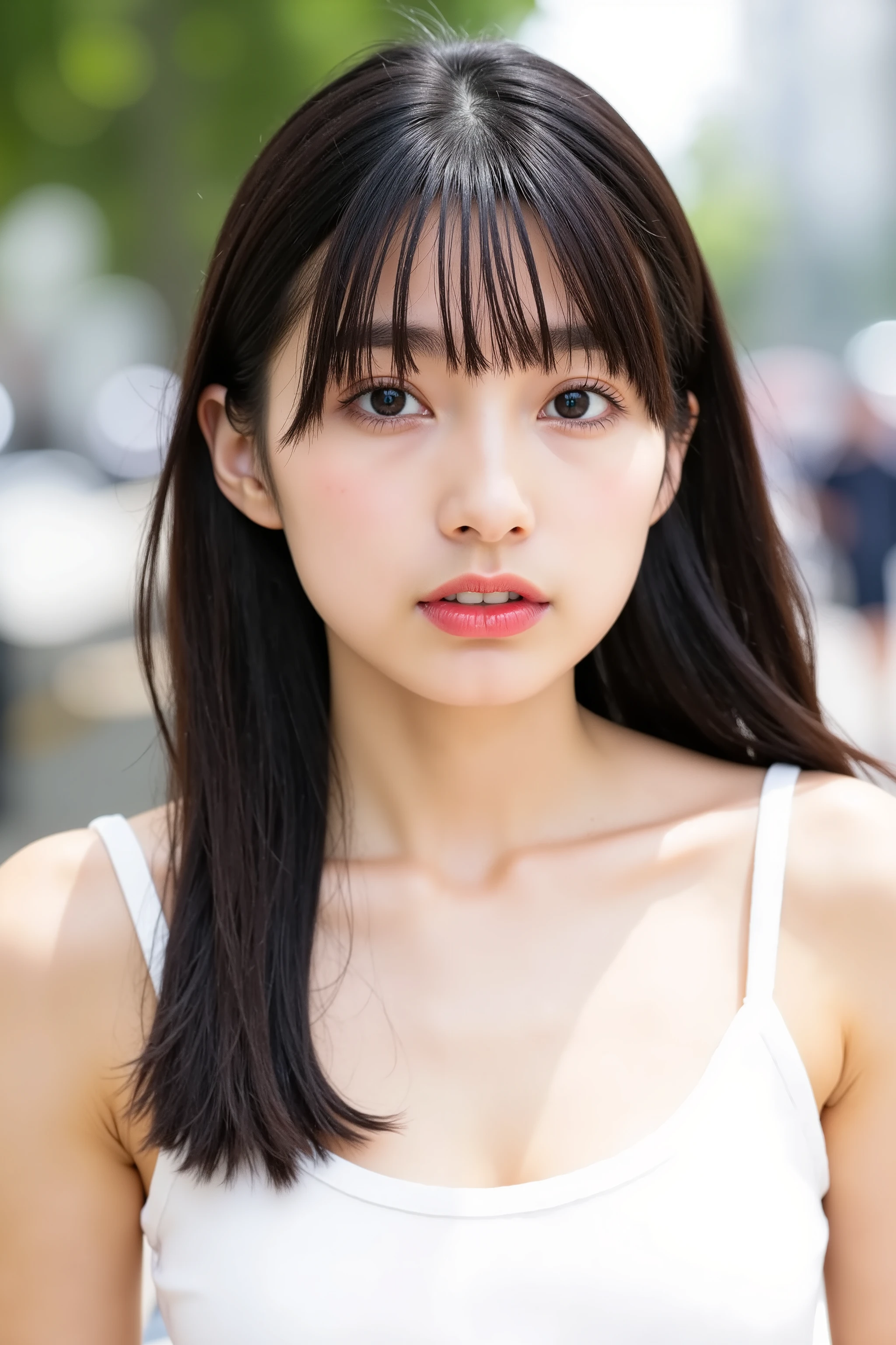 A high resolution photograph of a 30 years old Japanese woman viewed from the front. straight long glossy black hair with blunt bangs, flawless porcelain-white skin, shiny skin, detailed beautiful skin, beautiful face, perfect face, detailed face, delicate facial features, naughty face, detailed eyes, eyelashes, outdoors, exbitionism, embarrassed, blush, shy, sexy, (seductive smile, teeth), solo focus, (completely nude), sitting with knees together on the public bench, medium breasts, thick thighs, (Her arms are folded in front of her chest to hide her nipples:1.5), detailed hands, detailed fingers, anatomically correct proportion, Ultra High Definition, realistic, photo-realistic, best quality, masterpiece, absurdres, very aesthetic,