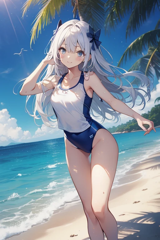 Girl in Top-quality Swimsuit:
((1.5、top-quality:1.5、Perfect swimsuit:1.1、Perfect figure:1.1、slender legs:1.1、long straight hair:1.1、beautiful smile:1.1、blue sunny day:1.2))
A 12-year-old girl in a top-quality swimsuit is standing facing the front on a beautiful sunny day. Her swimsuit is perfectly fitted, revealing her slender figure and long, straight hair. Her beautiful smile illuminates her face, and her hair is gently blowing in the wind. The swimsuit's color complements