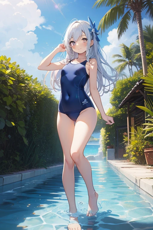 ((masterpiece、4K、8K、highest quality: 1.perfect fingers: 1.perfect anatomy: 1.3、background blur))、((ultra precision))、(、slender、lolita、superutiful girl、straight long hair:1.6)、(Light blue and black Chinese one-piece swimsuit、barefoot:1.5)、、(Close one eye and smile:1.4)、(Are standing、wide shot、full body:1.5)、(blue sky、white sand beach:1.4)、