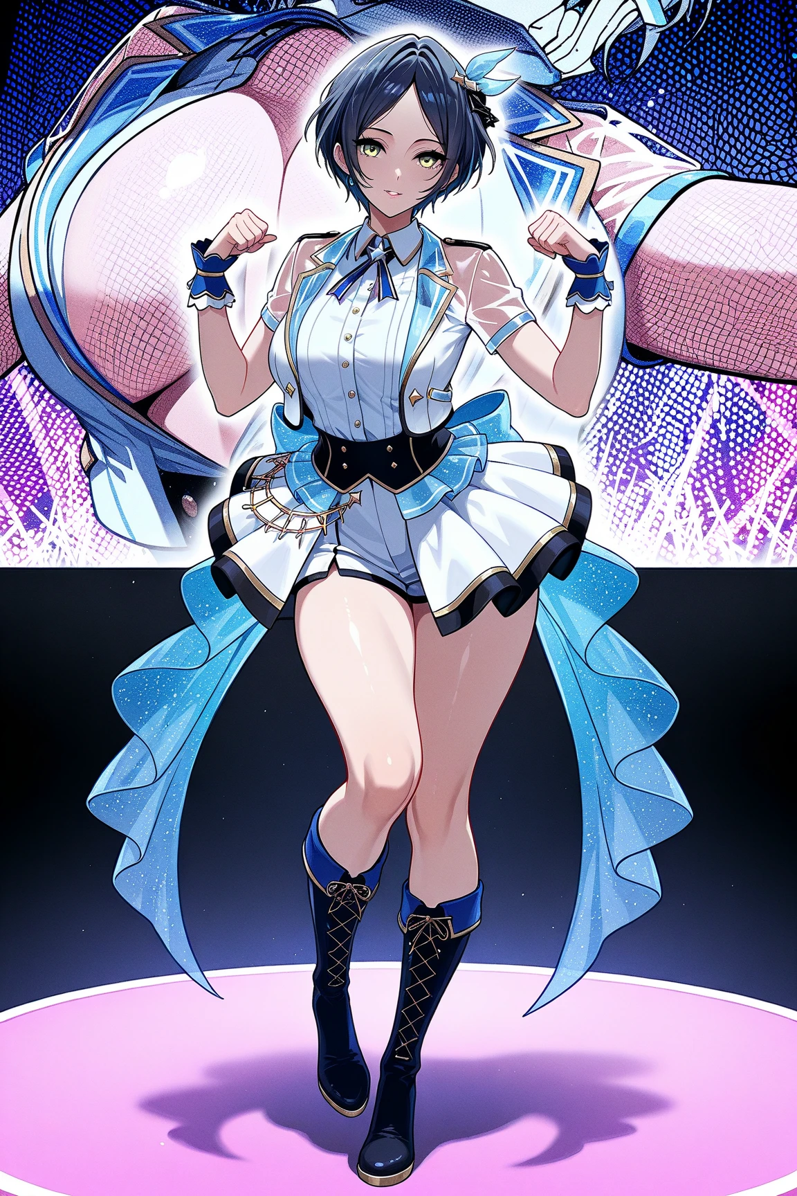 takeda hiromitsu style, anime cel style, highest quality, High resolution,touch one's chest,Crab crotch,spread one's legs, (huge breasts:1.4), blush, embarrassing, smile,full body latex suit,My whole body is sweaty,big breasts,big ass,big thighs, Brid (Nikke)
