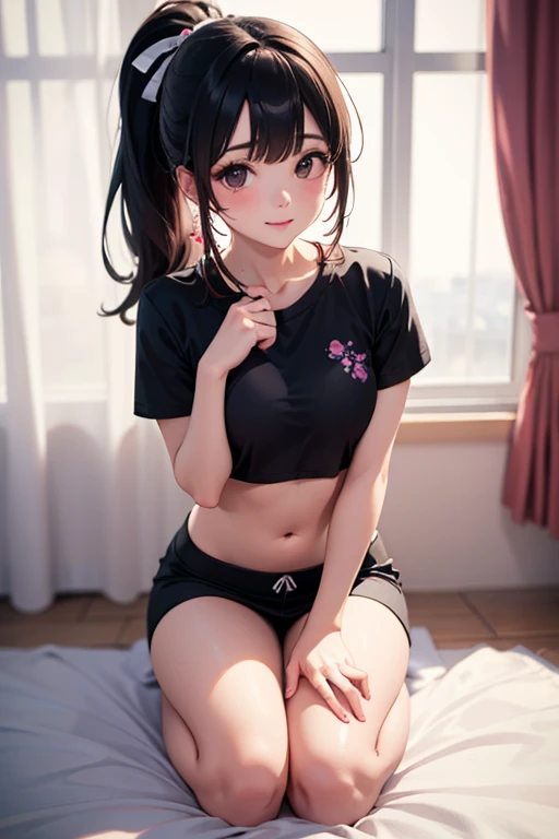 25 year old model, piercing blue eyes, dark black hair, loving sigh, (hot pink panties), hot pink camisole, cropped camisole, blushing, sitting on bed, seductive pose, medium breasts, cleavage, downblouse, spread legs