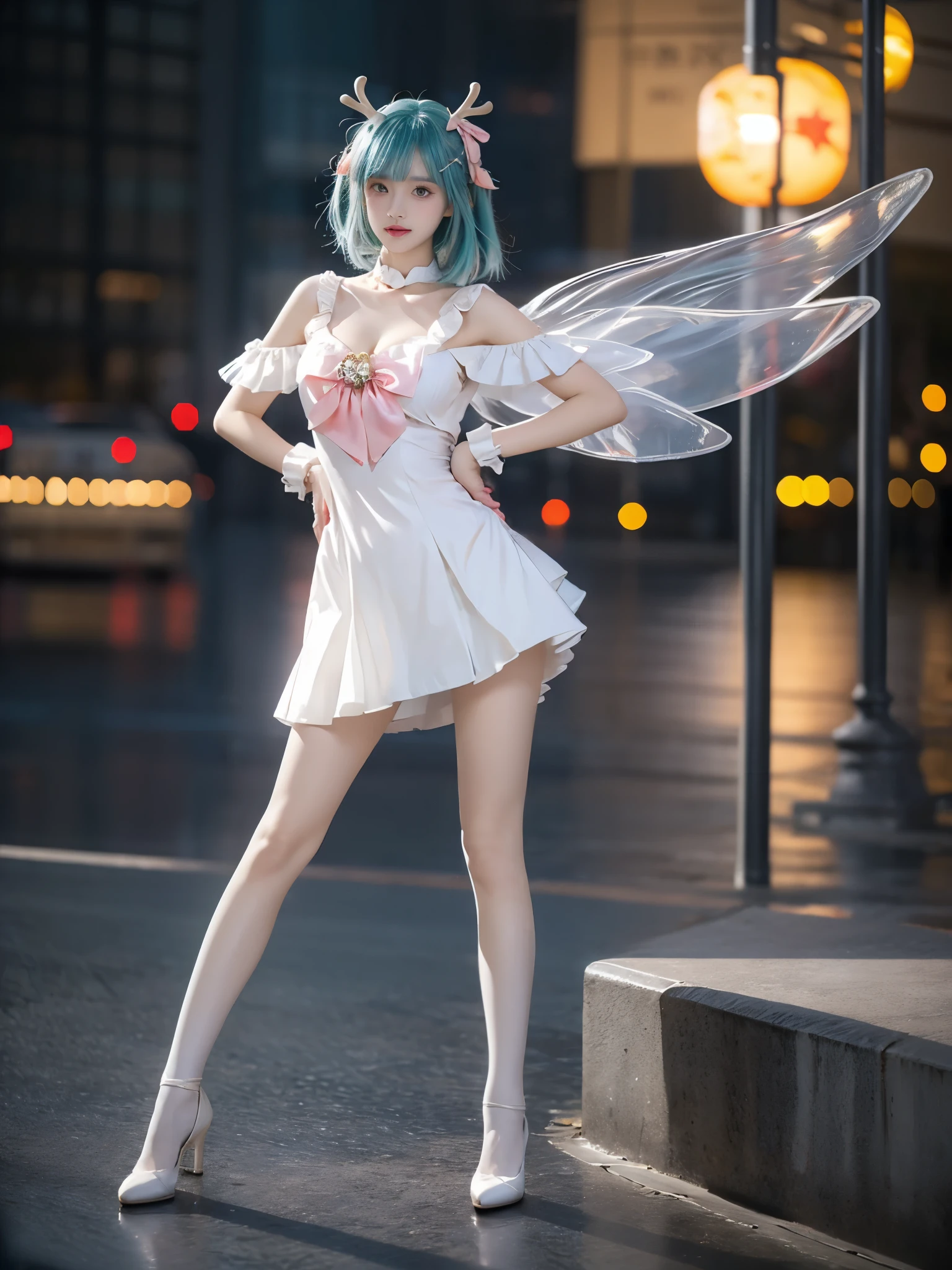 yao cosplay costume, aqua hair, dress, shoulder cutout, frills, choker, wrist cuffs, antlers, horns, bow, wings, hair ornament, animal ears, hair bow, hairclip, socks, kneehighs, shoes, high heels
(photorealistic:1.3), masterpiece, best quality, ultra-detailed,beautiful asian woman, fashion model, (Full bust, visible cleavage, very short hemline), (Beautiful romantic style), (elegant contrapposto stance:1.4), (upright posture:1.3), (poised and graceful:1.2), (naturally balanced pose),(long slender legs:1.3), (perfectly proportioned legs), (smooth skin texture:1.2), (anatomically correct legs),(romantic atmosphere), (soft ambient light), (subtle moonlight:1.1),volumetric lighting, cinematic lighting, rim lighting,high detail skin texture, fine details, sharp focus,shallow depth of field, soft bokeh,8k uhd,