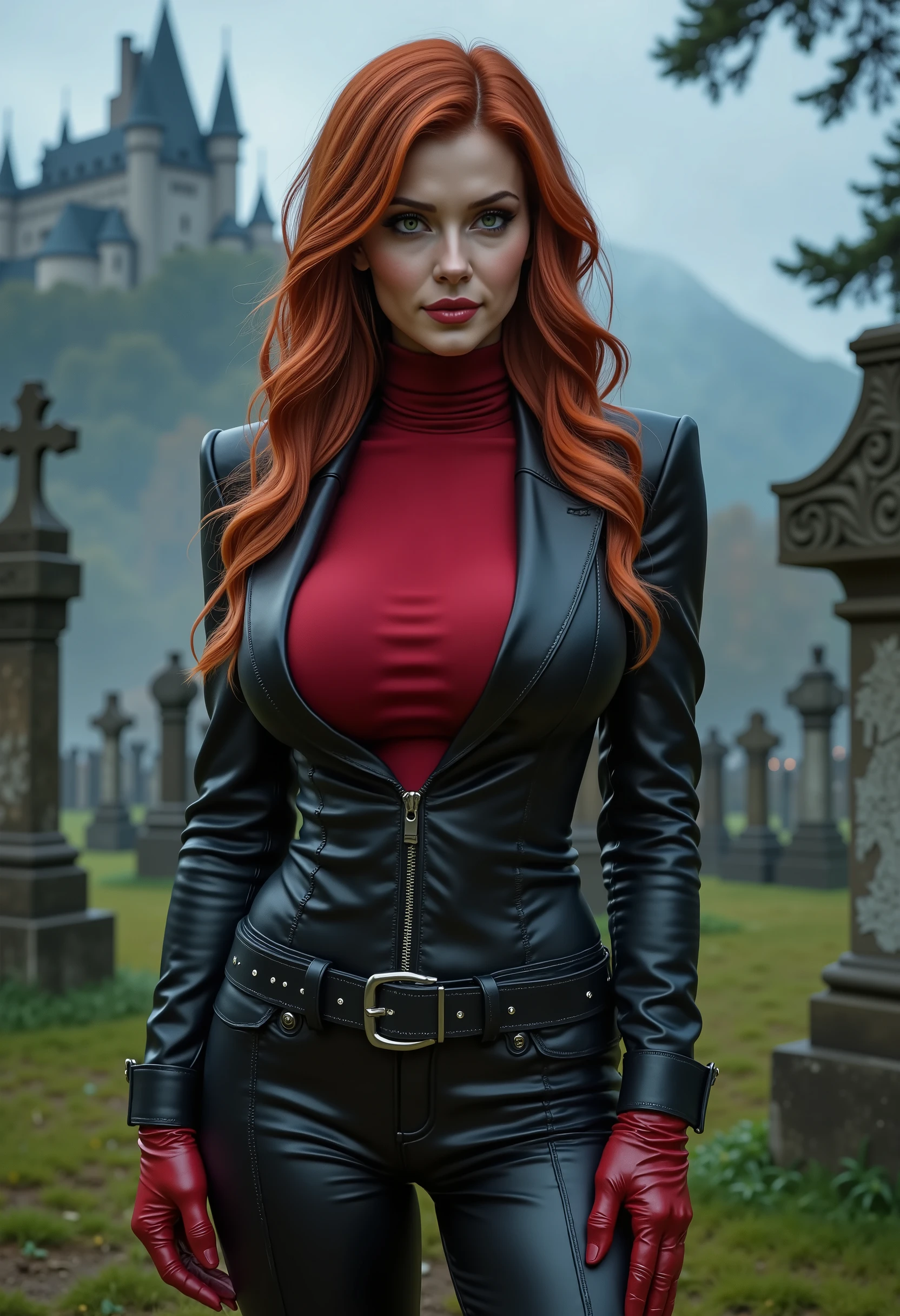full body beautiful sensual cool vampire woman with slightly open mouth huge vampire fangs muscular body red wavy long hair emerald green eyes, white skin, red lips, round face full red lips high arched eyebrows thin waist long shapely legs full wide shoulders black leather breeches black black leather riding boots red leather high neck turtleneck black leather blazer red leather gloves cemetery at night fog dusk in the distance silhouette of a castle on a mountaintop