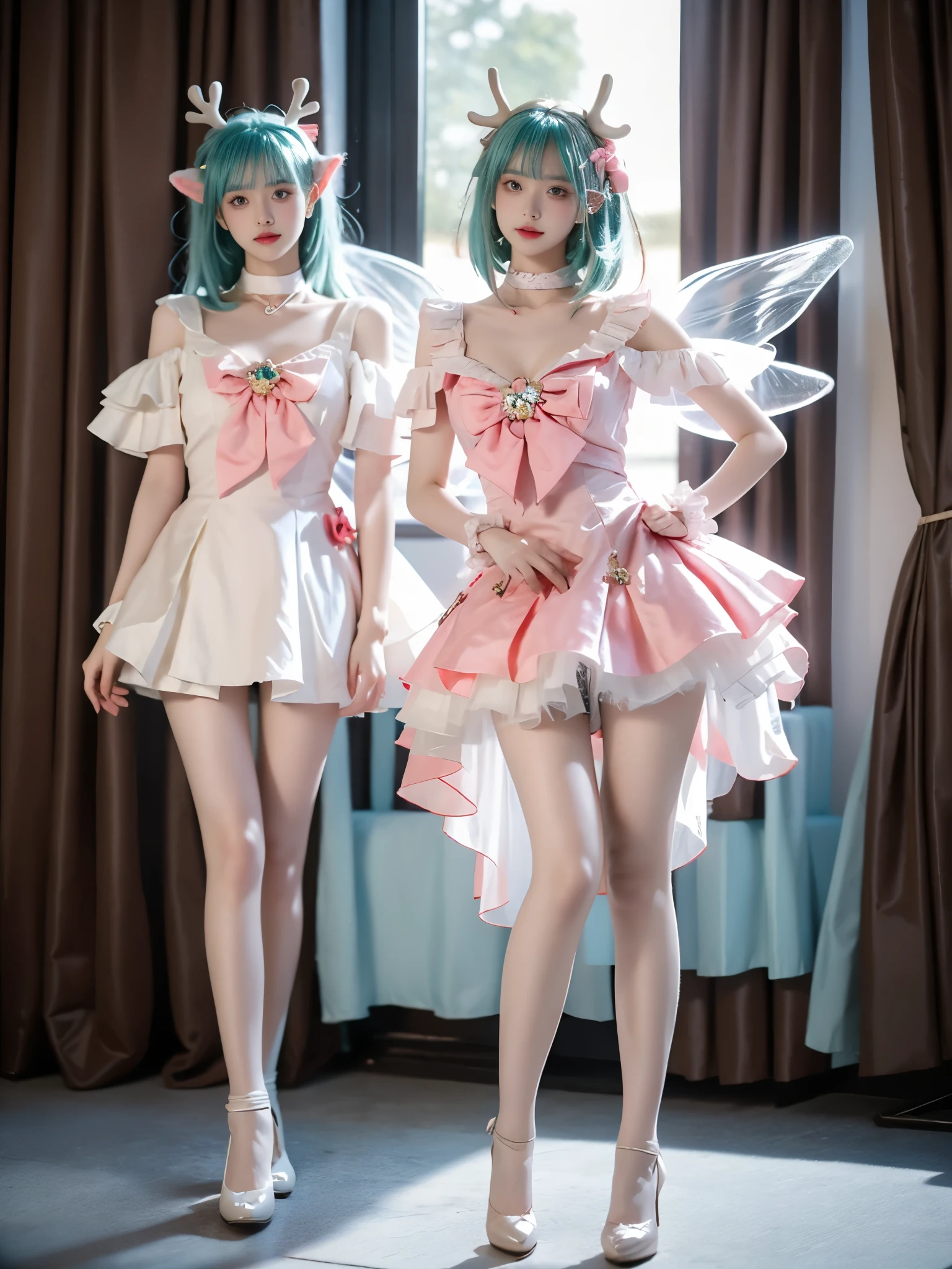 yao cosplay costume, aqua hair, dress, shoulder cutout, frills, choker, wrist cuffs, antlers, horns, bow, wings, hair ornament, animal ears, hair bow, hairclip, socks, kneehighs, shoes, high heels
(photorealistic:1.3), masterpiece, best quality, ultra-detailed,beautiful asian woman, fashion model, (Full bust, visible cleavage, very short hemline), (Beautiful romantic style), (elegant contrapposto stance:1.4), (upright posture:1.3), (poised and graceful:1.2), (naturally balanced pose),(long slender legs:1.3), (perfectly proportioned legs), (smooth skin texture:1.2), (anatomically correct legs),(romantic atmosphere), (soft ambient light), (subtle moonlight:1.1),volumetric lighting, cinematic lighting, rim lighting,high detail skin texture, fine details, sharp focus,shallow depth of field, soft bokeh,8k uhd,