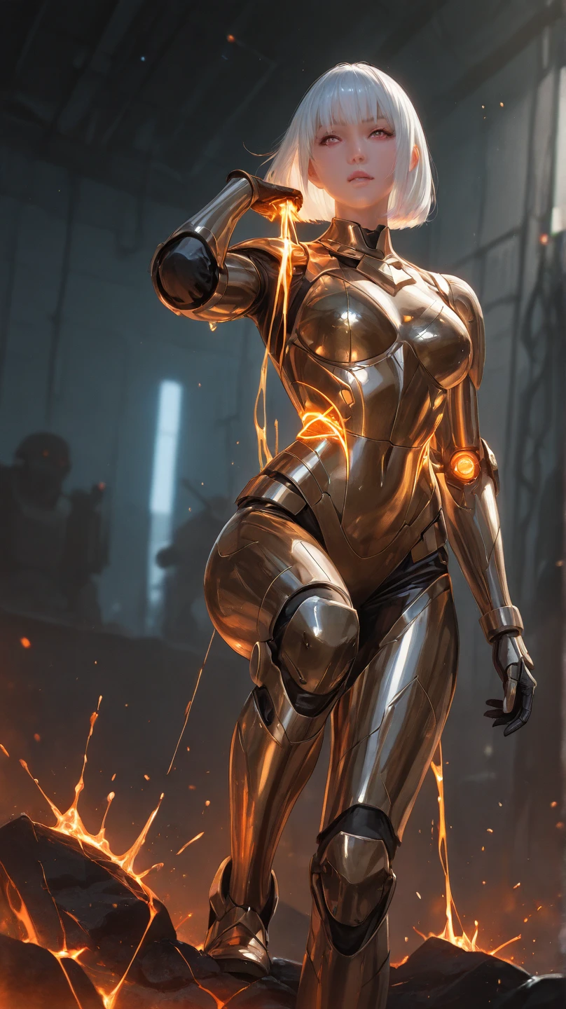 8k ((long neck:1.5))((full body view))((view from below:1.5)),(large eyes:1.3), defined cheekbones, looking back, ((the pit style:1.4))((sleek gold bodysuit:1.6)) ((intricate translucent details:1.4))detailed face:1.5), translucent skin,(puffy lips:1.5) (translucent skin:1.6), (bald woman:1.7), (skinhead) ((sexy pose)),(Muscular:1.6), ((gigantic breasts:1.5)), )highly detailed, majestic, digital photography, art by artgerm and ruan jia and greg rutkowski, ((clear shoulder pads:1.2)), (masterpiece),((big shoulders:1.6)) sidelighting, intricate details, (((black and gold color palette))), body appears see through, ((black legs))((black torso))(slendered abs:1.2)
