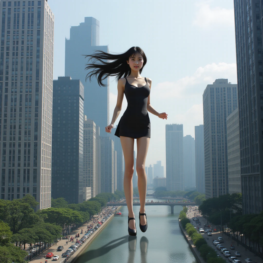far Ground View,giantesscity,giant girl 500 feet high,skyscrapers,Have a pair of ultra long legs,stepping in the crowd,many people in street,a pair of huge breasts,Princess,sexy bikini,black silk socks,Has black waist-length hair,Wearing a pair of Mary Jane heels,A look of enjoyment,standing on a ruins,Beautiful appearance,Exquisite makeup,quality,8k,高quality,Perfect proportion, Cinema lighting,film grain,Fuji colors,8k,textured skin,Super details,high detail,high quality,high resolution,explode,fake smile,many tiny people under her feet