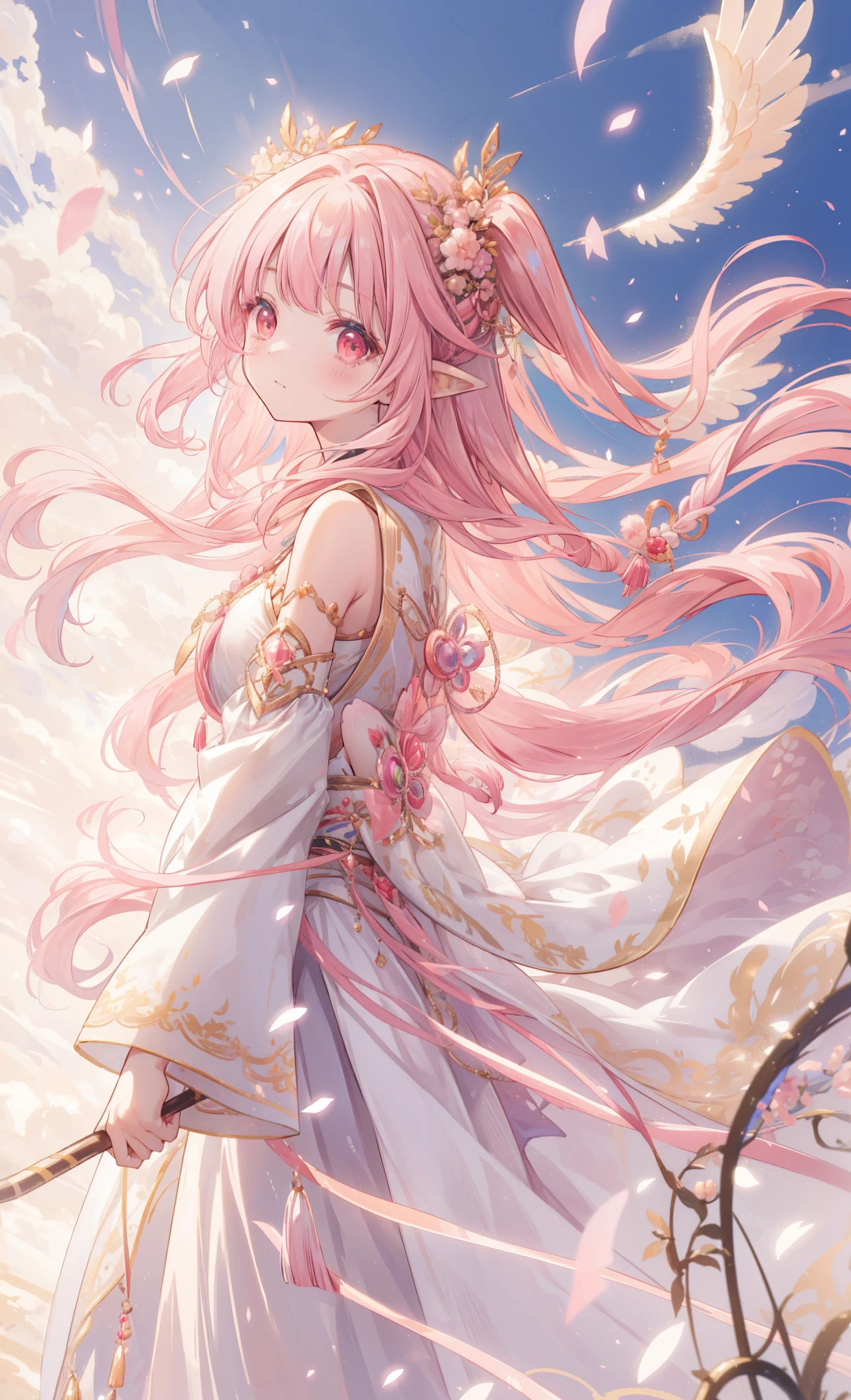 ( masterpiece、Top Quality、illustration、 very high quality 、HD、 Extremely sensitive writing )ahoge,very long hair,pink hair,two side up,gradient hair,multicolored hair,floating hair,hair ribbon,black ribbon,hair ornament,two side up,pointy ears,bangs,red eyes 、 Lovely national costume style dress , A shawl on her shoulder 、Hair must flutter in the wind,lighting effects,Golden effect ,