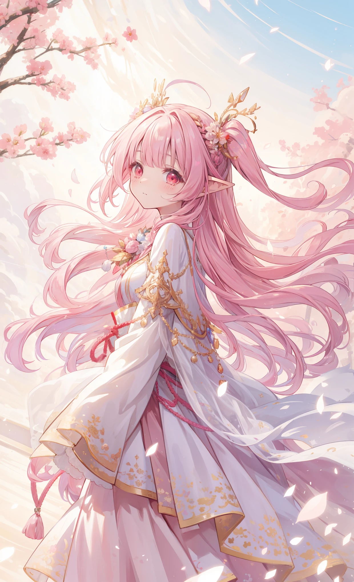 ( masterpiece、Top Quality、illustration、 very high quality 、HD、 Extremely sensitive writing )ahoge,very long hair,pink hair,two side up,gradient hair,multicolored hair,floating hair,hair ribbon,black ribbon,hair ornament,two side up,pointy ears,bangs,red eyes 、 Lovely national costume style dress , A shawl on her shoulder 、Hair must flutter in the wind,lighting effects,Golden effect ,