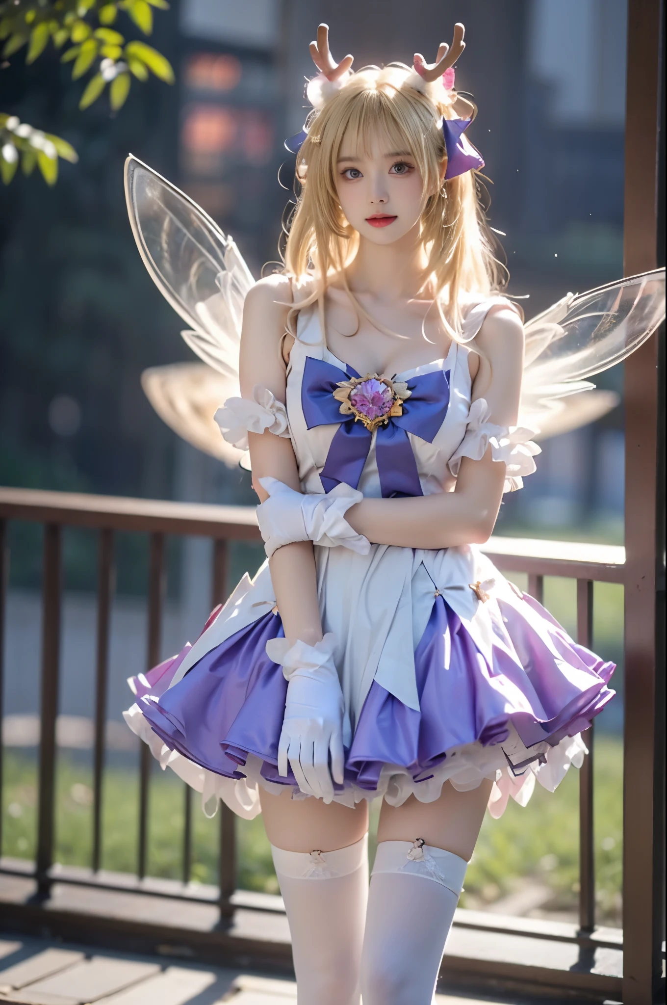 yao cosplay costume, cosplay, blonde hair, dress, gloves, white gloves, antlers, animal ears, horns, bow, hair ornament, wings, thighhighs, white thighhighs, purple high heels
(photorealistic:1.3), masterpiece, best quality, ultra-detailed,beautiful asian woman, fashion model, (Full bust, visible cleavage, very short hemline), (Beautiful romantic style), (elegant contrapposto stance:1.4), (upright posture:1.3), (poised and graceful:1.2), (naturally balanced pose),(long slender legs:1.3), (perfectly proportioned legs), (smooth skin texture:1.2), (anatomically correct legs),(romantic atmosphere), (soft ambient light), (subtle moonlight:1.1),volumetric lighting, cinematic lighting, rim lighting,high detail skin texture, fine details, sharp focus,shallow depth of field, soft bokeh,8k uhd,