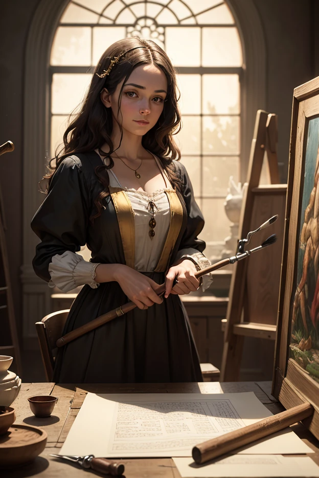 (fine illustration, high quality) book, ruler, ink, pen, (1 person), (black hair: 1.5+ brown hair), white shirt, (expression: smile), strong light source, photo-like detail, metal pen holder, vinyl pen body, delicate leather book with seal, green tone, skylight, secluded, ink spilled, ruler impregnation, pen ink, excellent detail. --auto --s2
