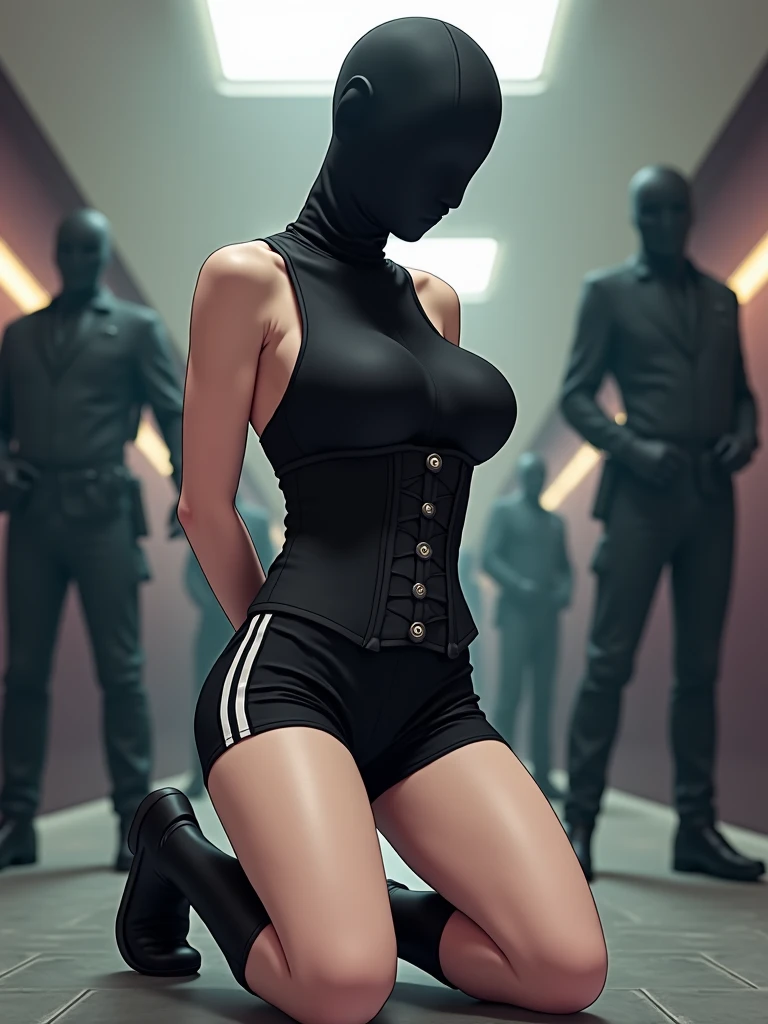 Black shiny faceless rubber head, ((background:In town:1.4)), (masterpiece、highest quality、Official Art), (Watch the audience:1.5), Light from the front, topless, Underless, Futuristic and mechanical black shorts, Black tights suit, Black Terrax Gloves, Black Terrax Long Boots, Black knee-high socks, Black collar, Futuristic mechanical black mask, Glowing Skin, Realistic:1.9, Very detailed, Full Body Shot:1.2, 究極的にRealistic details, 究極的にRealistic texture, Ultimate in exquisite detail, Bare, Exposed female genitalia, Voluptuous bust, Big Breasts, Large Breasts, Narrow waist, A broken back, Rounded ass, Trained abdominal muscles, Sloping shoulders, Complete the whole body, Full body image, Mid-chestBREAK, Perfect proportions, sexy, Alluring, Large Breasts, Teardrop-shaped breasts, Bowl-shaped chest, Balloon-shaped chest, Firm breasts, Navel exposed, Extra-thin waist, 体の真ん中のExpose the skin, Exposed, Expose the skin, Narrow waistと太いヒップ, Toned waist, Beautiful shaped hips, Belly button pussy, Lower abdomen exposed, Completely nakedの女性だけの仕上がり, Completely naked, I don't wear underwear, Do not wear clothes, Professional photos, 女の子のsexyなポートレート, highest quality, Suzune
