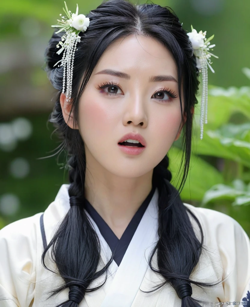 huge breasts：1.6,Fashion model 16 years old, [[[[boobgasm]]]], [[[[coll]]]], [[[[bshoulders]]]], perfect  eyes, Perfect iris，Perfect skin，Long face，Soft front light，HDlmgirl,White period costume，Green leaves and flowers in the background，（pastel colour：1.2）
