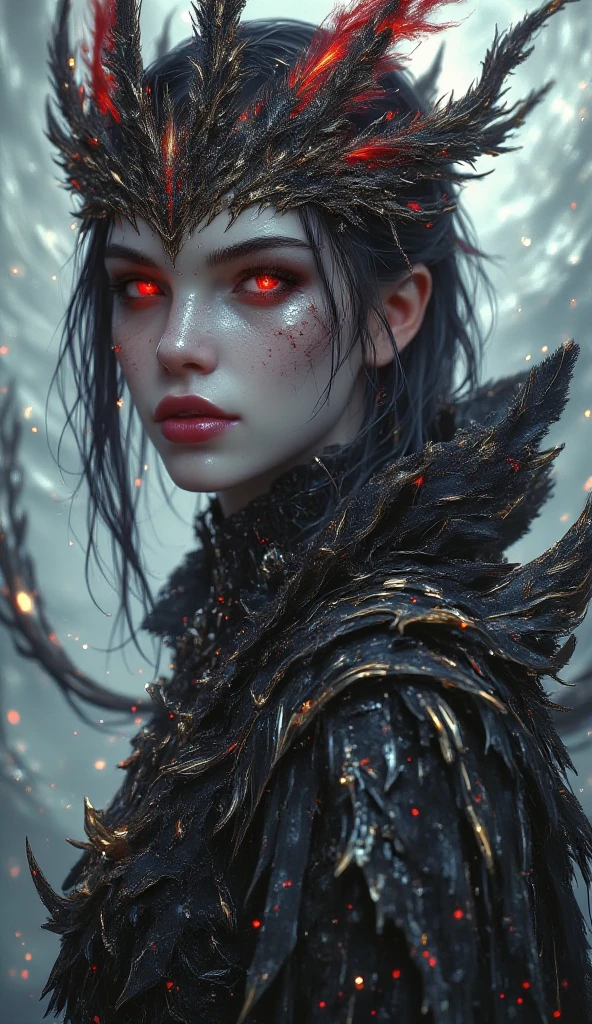 Red almond eyes, marked chin, thick eyebrows and black hair with shields.