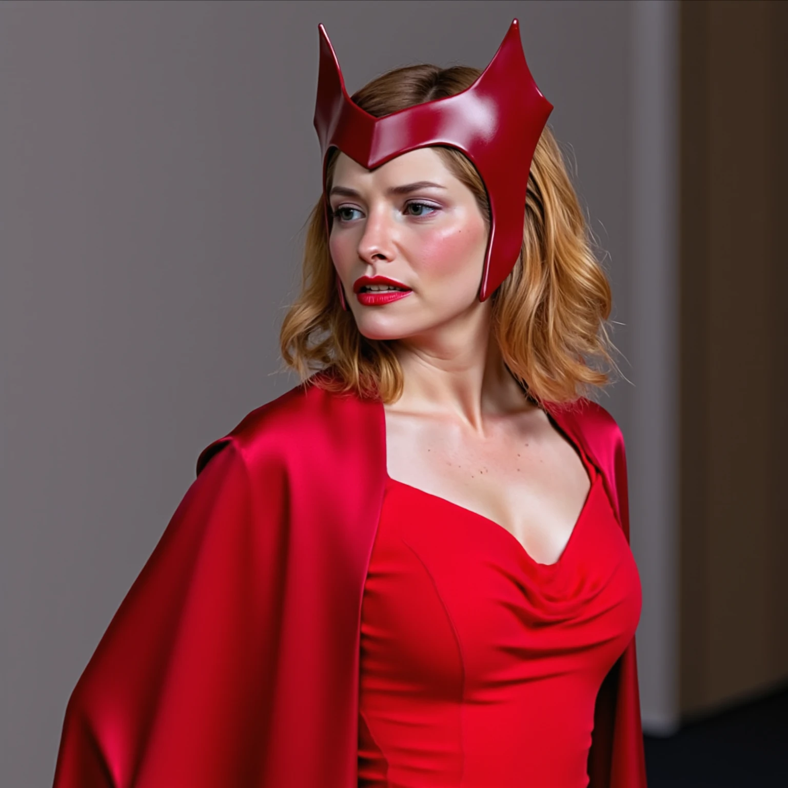 Scarlet Witch Played Elizabeth Moss, detailed eyes, scarlet witch costume, heavy physique, thick body, big Perky breast, big natural breast, thick hips, tight costumes, from Marvel Comics, fantasy setting, Dynamic poses, Marvel Universe Background, mysterious world background, Character concept, character art, Character portrait, tmasterpiece, beste-Qualit, best resolution, 8K