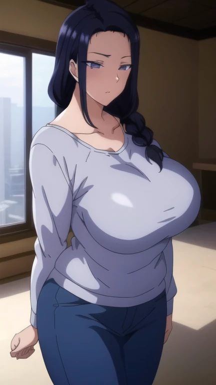 master piece, anime, 1girl, blue pants, mature woman, solo, long hair, huge breasts, black hair, , lilac eyes, collarbone, light blue sweater, single braid, (masterpiece: 1.0), (best_quality: 1.0), ultra high resolution, 4K, ultra detailed, long sleeves, ((((in heat)))