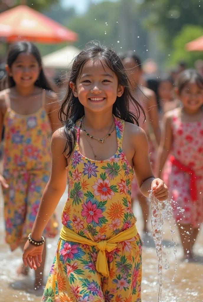 A carefree and joyful scene of a group of  girls, their bodies smeared with mud, splashing and giggling as they play in the muddy puddles. They are wearing various colorful underwear, their favorite pieces of clothing that seem to bring them a sense of comfort and security. Their laughter echoes through the air, filling it with a contagious sense of happiness. The muddy water splashes up onto their bare legs and feet, leaving behind trails of muddy footprints. The surrounding environment is adorned with beautiful flowers, adding a vibrant pop of color to the already lively scene. A tree in the distance provides shade for the girls, allowing them to cool off from the warm summer sun. The image captures the essence of innocence and freedom that comes with being a young girl, enjoying the simple pleasures of life.