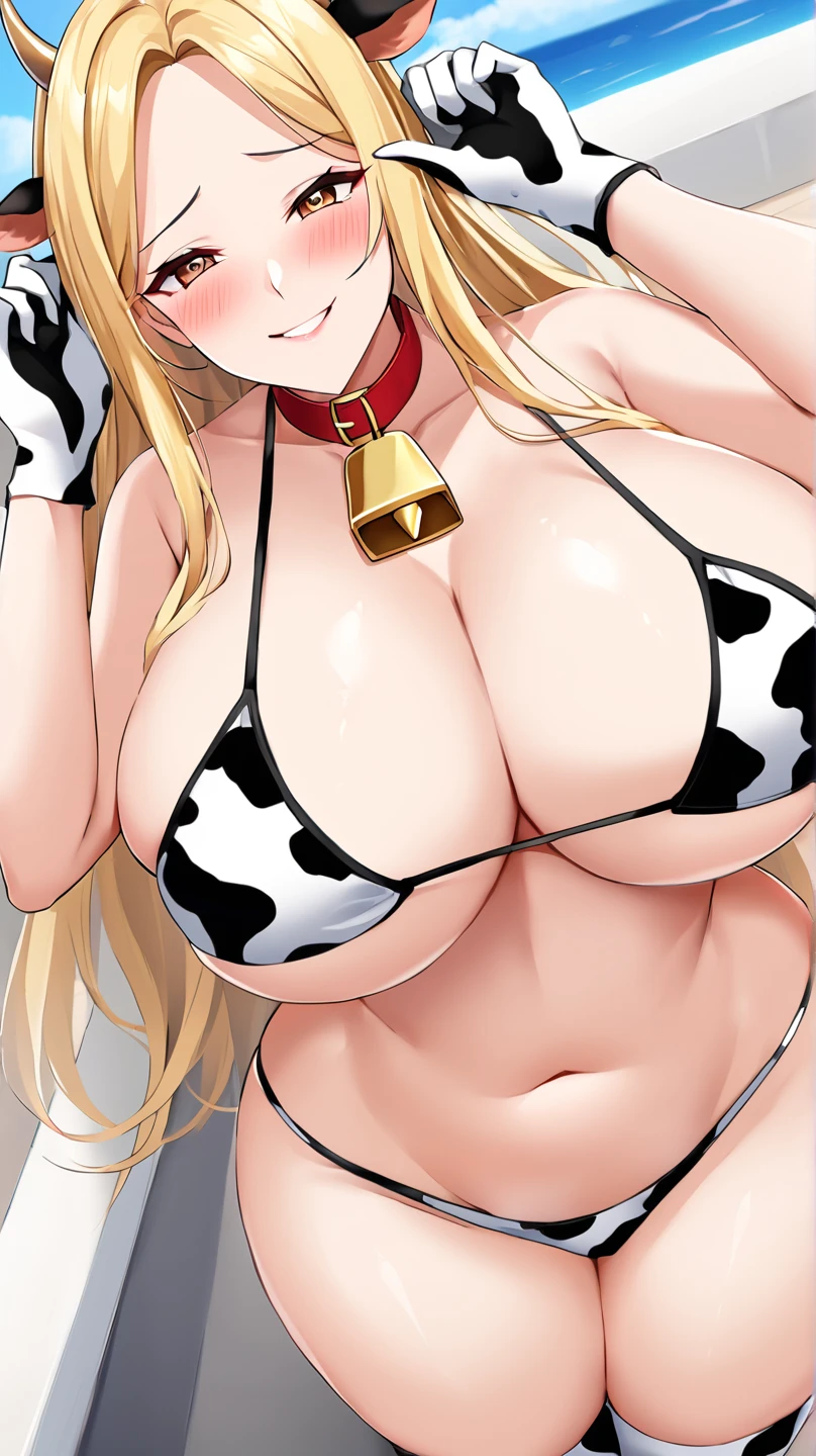 Open mouth, A MILF,large breasts,wide hips, Closed eyes,Silver hair,Solo, Cow Bikini, cow ears, cowbell, (((Cow print stockings, Cowprint Arm Gloves))),Cow Lingerie, hotelroom,cleavage,,,cowboy shot