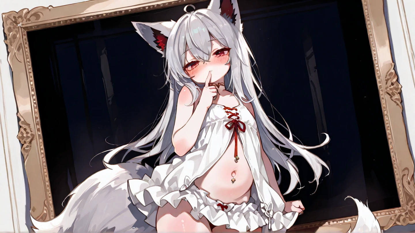 ((best quality)), ((masterpiece)), (detailed), Dusk_Lycanroc, collared, embarrassed, nsfw, laying on back, kemono, anime, female, furry, anthro, full body, solo, :d, ^_^, ahoge, animal_ear_fluff, animal_ears, bangs, bare_shoulders, blush, closed_eyes, wolf_ears, wolf_girl, wolf_tail, hair_between_eyes, long_hair, open_mouth, simple_background, smile, solo, swaying, tail, upper_body, virtual_youtuber, white_background, white_hair
