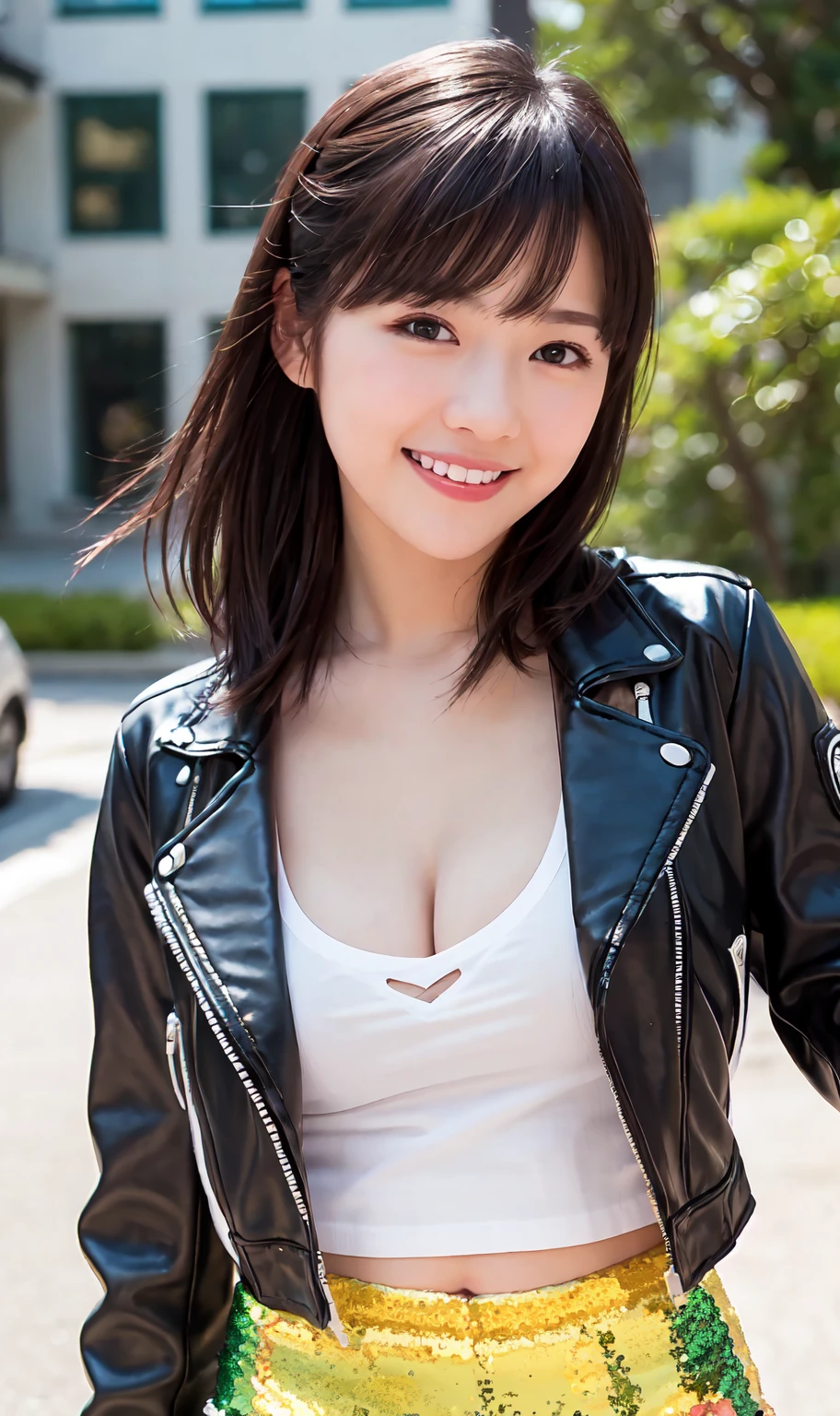 (Full body photo,Pictured from head to toe,black riders leather Jacket,Thigh-high boots,very high gloss,black leather pleated mini skirt, large breasts,cleavage, sensual smile,:1.5),black medium straight hair, A confident woman in a business suit standing in the city at night, central composition, looking directly at the camera, with neon lights reflecting in the background,(1 nogizaka ,RAW Photos,Realistic:1.5),(最high quality, high quality,High resolution, 最high quality,ultra High resolutionolution,High resolutionolution,High resolution,超High resolution,Large file size,8k,2k wallpaper,8k wallpaper,high quality texture,wonderful,Very delicate:1.4),one , Famous idols of Japan,Beautiful Face,Small face,Absurd,Ridiculous,incredibly Ridiculous,Portraiture,Chest close-up,Medium skin,Beautiful Skin,Detailed skin,Silky Hair,(Japan'Eyes:1.3),fine grain,iris,Japanese idol eyes,Japanese Nose,Five Fingers,(eyebrow:-0.5),(Particles of light, Lens flare, Luminous Particles: 0.7),View your audience,Bright lighting,Professional Lighting,