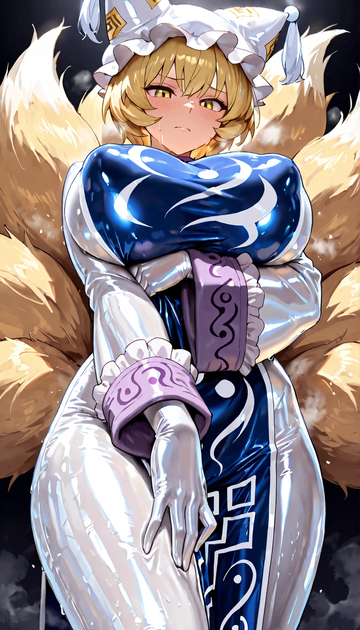 (masterpiece, Highest quality, Ultra-high resolution), yakumo ran, 1girl, yellow eyes, short hair, blonde hair, multiple tails, fox tail, fox ears, white headwear, blue latex tabard, long sleeves, wide sleeves, (white latex suit), The clothes fit perfectly, latex has a strong metallic sheen, Glossiness, shiny, sweat, steamy, latex purple tabard, huge breasts, covered nipple, puffy nipples, glossy skin, dark background, backlight, latex hands, focus on hands, palm, Perspective, foreshortening, sweat hands, Approaching, show her palm,
