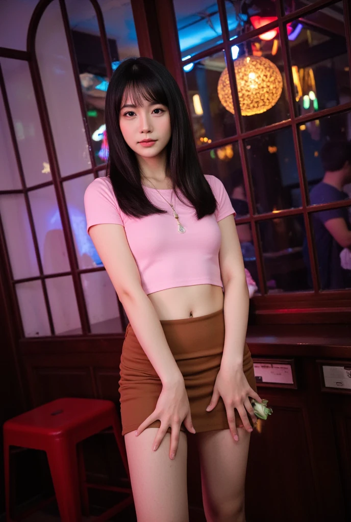 Highest quality, masterpiece, One girl,Photoreal Stik, Beautiful Nora_Valkyrie, View your viewers, smile, Webby Hair, blue eyes,Heart Cutout, Sexy skimpy jacket, Pink short skirt, Pink Belt, Short sleeve, Puffy sleeves,, Black Hair, Dynamic pose, night, indoor、At the bar counter、Sit on a chair、 (Articulated lighting), Intricate details, Tone Mapping,(((Punching through the gap between the legs)))、 Sharp focus, Super detailed, Trending on Art Station, Big and slender body