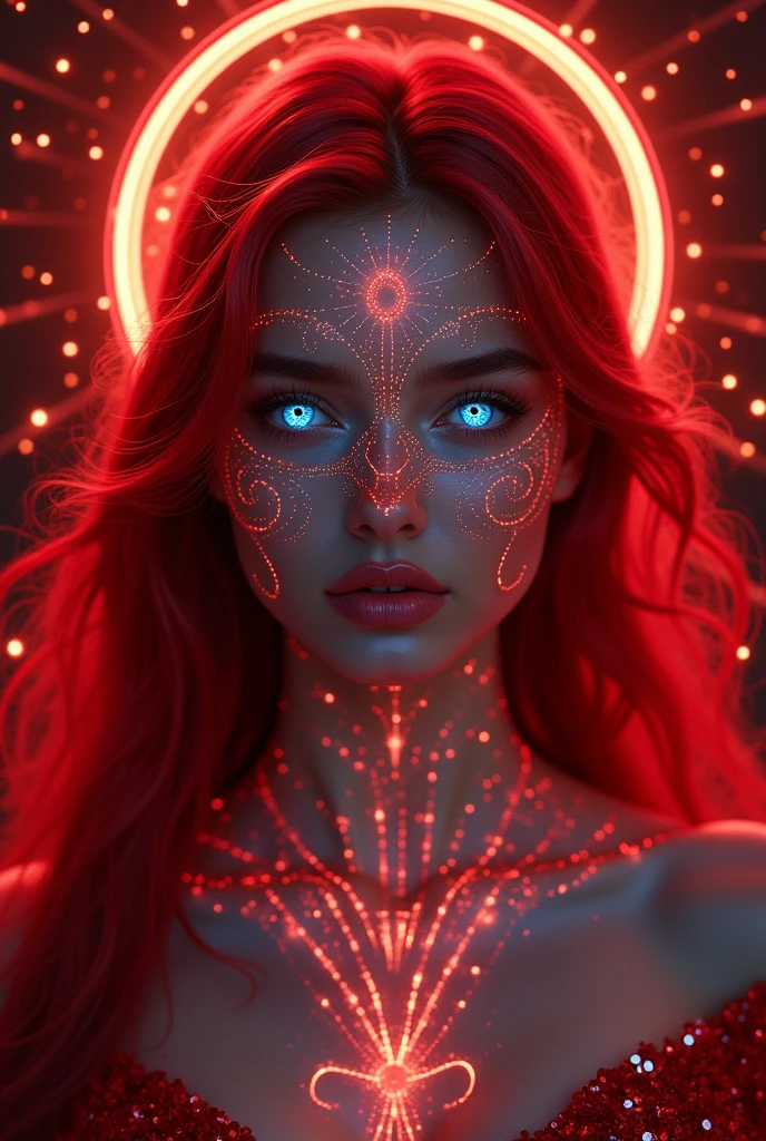 Red Glamorous Style v2 47%, Beautiful young woman, goddess of the soul, goddess of the moon: Luminara Celestia is a fascinating, supernatural figure associated with light, cosmicity, and spiritual sublimity. Her figure radiates a mystical aura—her radiant blue eyes gaze intently at the viewer, while her face is covered in a network of luminous lines and black patterns. This pattern seems to symbolize her connection to higher, transcendent powers. Her long, flowing hair in shimmering red underscores the divine, almost angelic character of this figure. Luminara Celestia seems like an embodiment of the cosmos itself—her aura is characterized by an almost cosmic dimension, as if she were a guardian of the stars and the universe. At the same time, she radiates a deep wisdom and tranquility that captivates the viewer. In her appearance, Luminara Celestia combines elements of light, beauty, and transcendence. She appears to represent a kind of mythological goddess figure, representing the spiritual mysteries and the sublimity of being. Her presence is characterized by an almost overwhelming grandeur and fascination, transporting the viewer to a world beyond the earthly. On her stomach, a beautiful pattern of her kind, large breasts, full body