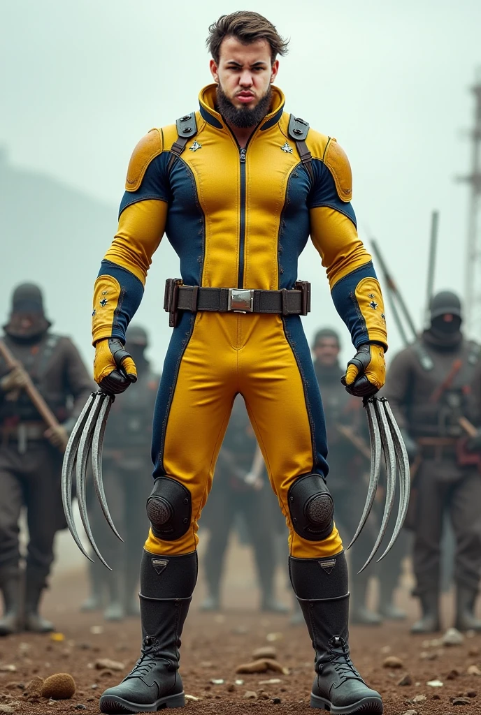 cinematic photo full body Hugh Jackman in a yellow and blue bodysuit, wolverine claws, fight poses, night city lights background <lora:Wolverine2024-1024:0.9> . 35mm photograph, film, bokeh, professional, 4k, highly detailed