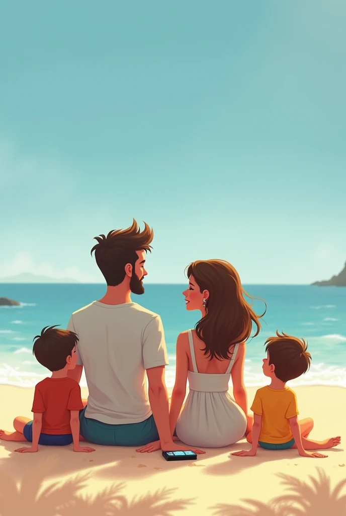 I want a Pixar-style drawing where a crystal-clear beach appears with a two-year-old girl holding hands with her two dads., the parents are two boys, I want the image in horizontal format. One of the boys has brown hair and blue eyes and the other is Peruvian with brown eyes and dark hair.. The girl is younger in age