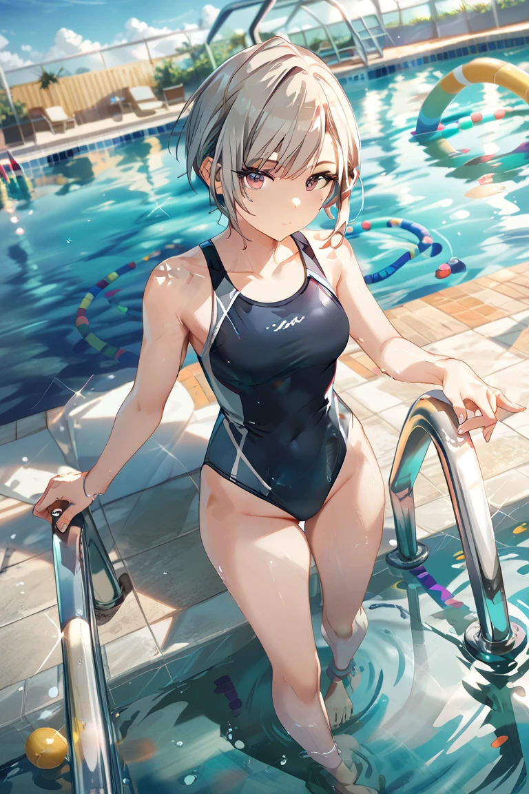 top-quality、Full limbs、complete fingers、Slender beauty、straight haired、Bery short hair、knee high、School swim wear、Small eyes、Does not blush cheeks、school swimming pool