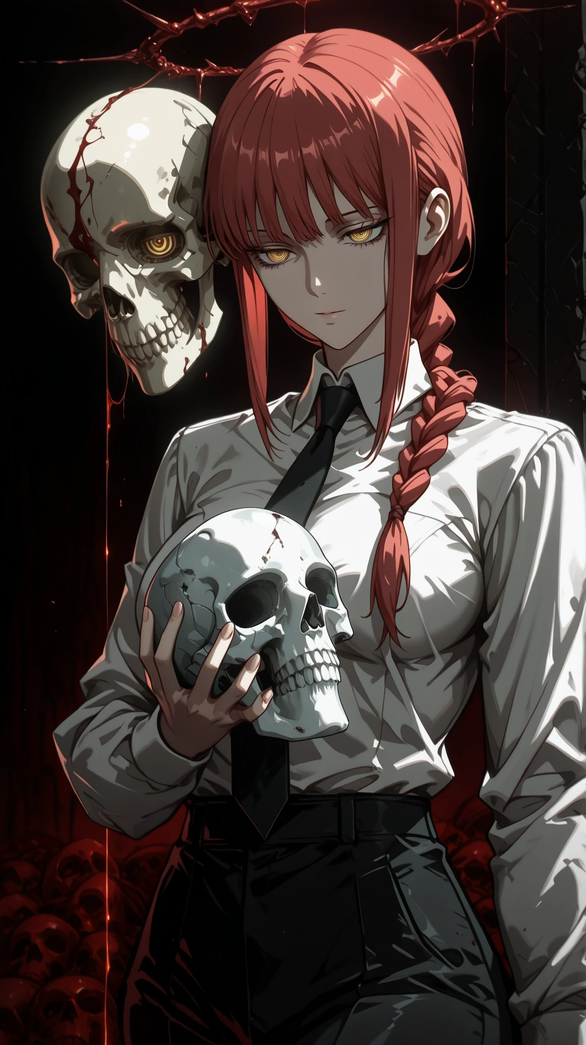 makima, red hair, long hair, yellow eyes, ringed eyes, braid, white collared shirt,black necktie, black pants, 1girl, solo, alone, holding skull, blood,  dark_art_style, masterpiece, highres