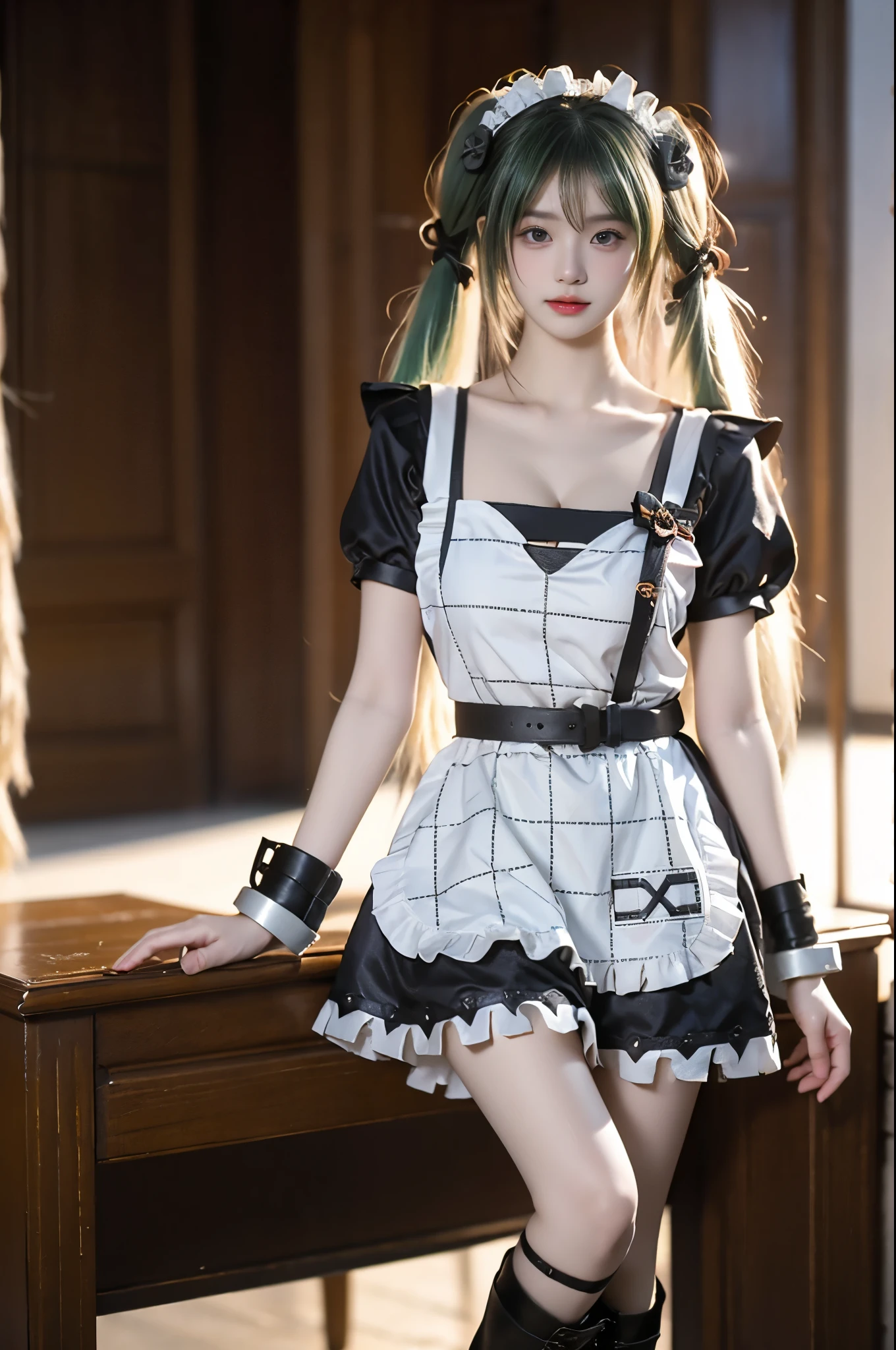 corin cosplay costume,corin,cosplay,long hair,green hair,twintails,hair ornament,maid,dress,frilled dress,frills,apron,maid apron,maid headdress,puffy short sleeves,belt,chain,wrist cuffs,cuffs,handcuffs,ribbon,boots,knee boots
(photorealistic:1.3), masterpiece, best quality, ultra-detailed,beautiful asian woman, fashion model, (Full bust, visible cleavage, very short hemline), (Beautiful romantic style), (elegant contrapposto stance:1.4), (upright posture:1.3), (poised and graceful:1.2), (naturally balanced pose),(long slender legs:1.3), (perfectly proportioned legs), (smooth skin texture:1.2), (anatomically correct legs),(romantic atmosphere), (soft ambient light), (subtle moonlight:1.1),volumetric lighting, cinematic lighting, rim lighting,high detail skin texture, fine details, sharp focus,shallow depth of field, soft bokeh,8k uhd,