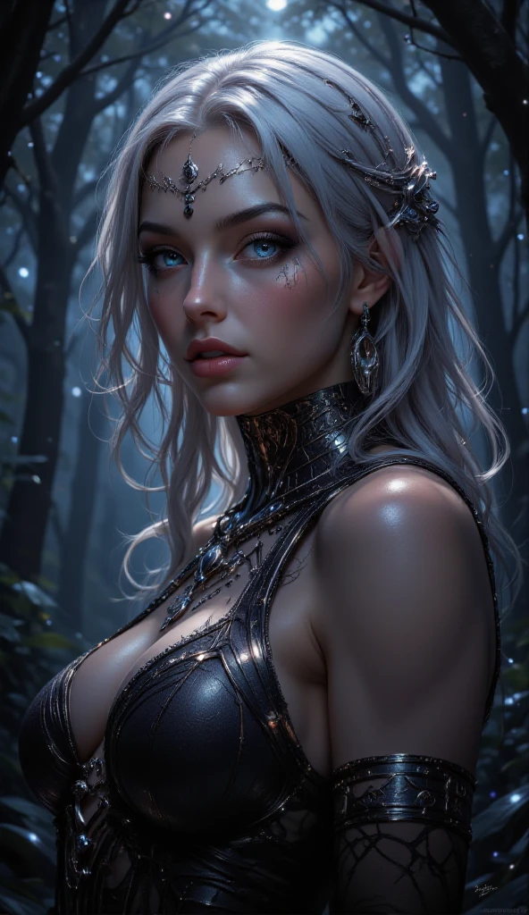 white forest in background, colorful design , Aurora, mythical, erotic pose, pore white hair, big tits, big eyes, body covered with tattoo, red lips, erotic, dark light,, white dress,