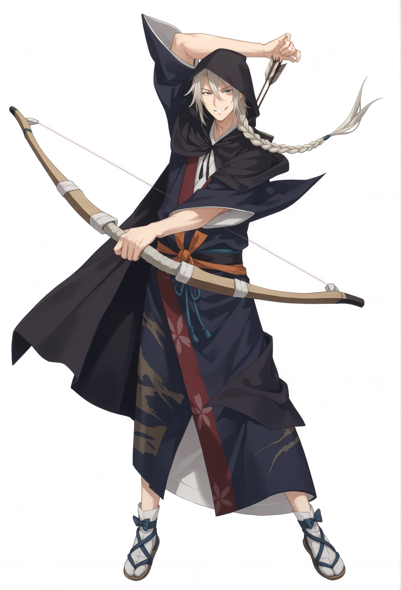 solo, long hair, looking at viewer, simple background, white background, 1male, holding, hair between eyes, standing, full body, braid, male focus, weapon, japanese clothes, hood, kimono, holding weapon, arm up, single braid, sandals, cloak, bow (weapon), arrow (projectile), tabi, holding bow (weapon), holding arrow,Grin, smirk