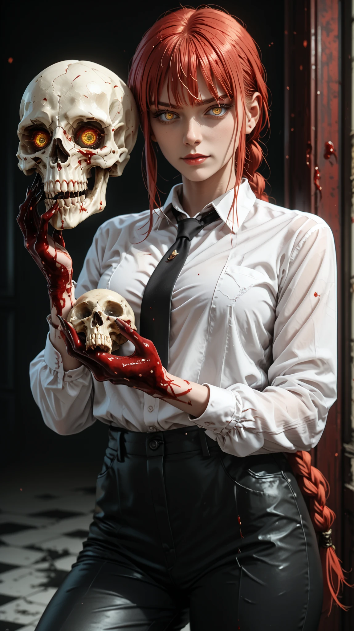 makima, red hair, long hair, yellow eyes, ringed eyes, braid, white collared shirt,black necktie, black pants, 1girl, solo, alone, holding skull, blood,  dark_art_style, masterpiece, highres