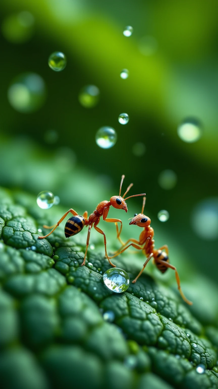 떨어지는 Giant Droplets을 보는 개미들의 세상,Focus insects are taking refuge,Focus ants showing water droplets popping apart,Giant Droplets,falling water,Insect Evacuation,Close-Up Detailed Description,Giant Droplets 폭발,Nature Full of Life,Microscopic Life,Precise description,Clean Color,Realistic expression,Superrealistic Rendering,Professional Level Details,4k High Resolution ,Vibrant textures,rich colors,Lighting Processing,dreamy atmosphere,Naturalistic style