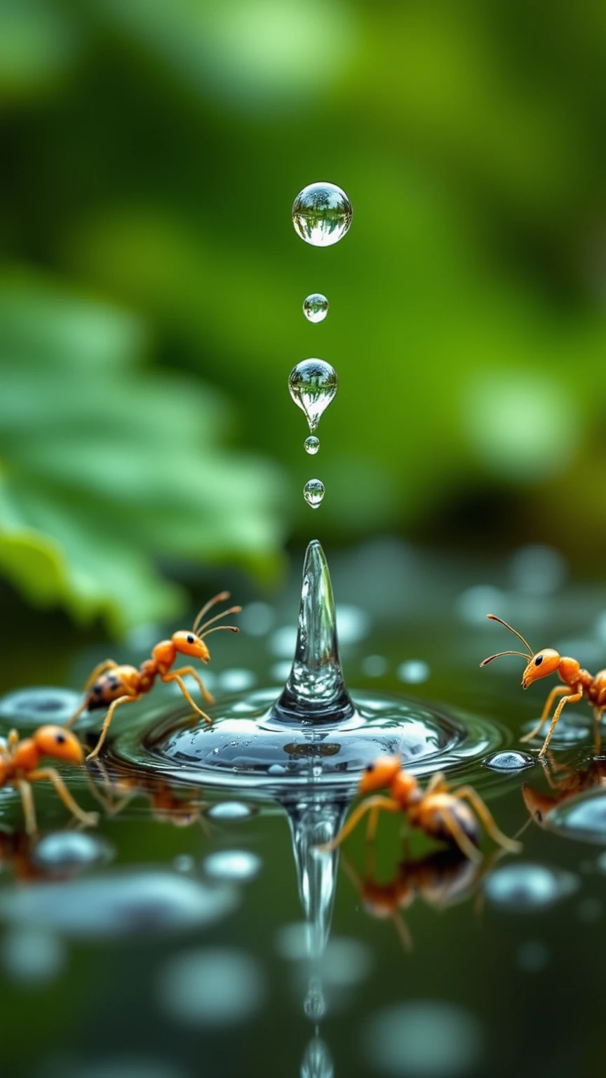 떨어지는 Giant Droplets을 보는 개미들의 세상,Focus insects are taking refuge,Focus ants showing water droplets popping apart,Giant Droplets,falling water,Insect Evacuation,Close-Up Detailed Description,Giant Droplets 폭발,Nature Full of Life,Microscopic Life,Precise description,Clean Color,Realistic expression,Superrealistic Rendering,Professional Level Details,4k High Resolution ,Vibrant textures,rich colors,Lighting Processing,dreamy atmosphere,Naturalistic style