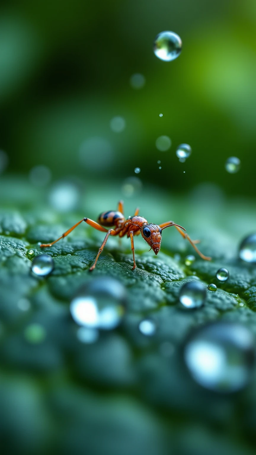 떨어지는 Giant Droplets을 보는 개미들의 세상,Focus insects are taking refuge,Focus ants showing water droplets popping apart,Giant Droplets,falling water,Insect Evacuation,Close-Up Detailed Description,Giant Droplets 폭발,Nature Full of Life,Microscopic Life,Precise description,Clean Color,Realistic expression,Superrealistic Rendering,Professional Level Details,4k High Resolution ,Vibrant textures,rich colors,Lighting Processing,dreamy atmosphere,Naturalistic style