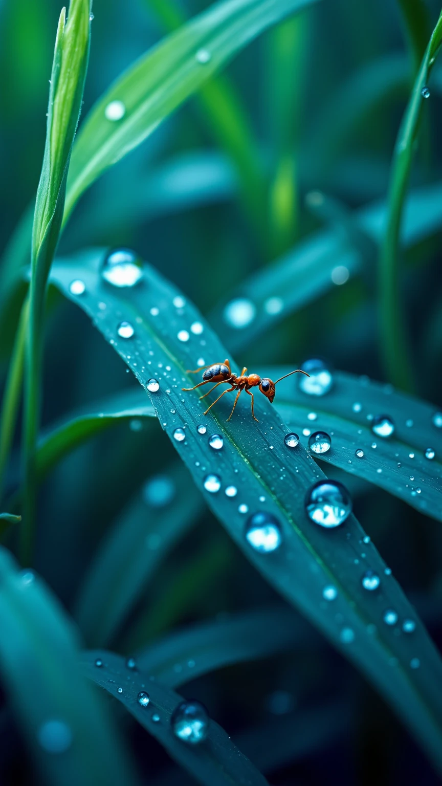 떨어지는 Giant Droplets을 보는 개미들의 세상,Focus insects are taking refuge,Focus ants showing water droplets popping apart,Giant Droplets,falling water,Insect Evacuation,Close-Up Detailed Description,Giant Droplets 폭발,Nature Full of Life,Microscopic Life,Precise description,Clean Color,Realistic expression,Superrealistic Rendering,Professional Level Details,4k High Resolution ,Vibrant textures,rich colors,Lighting Processing,dreamy atmosphere,Naturalistic style