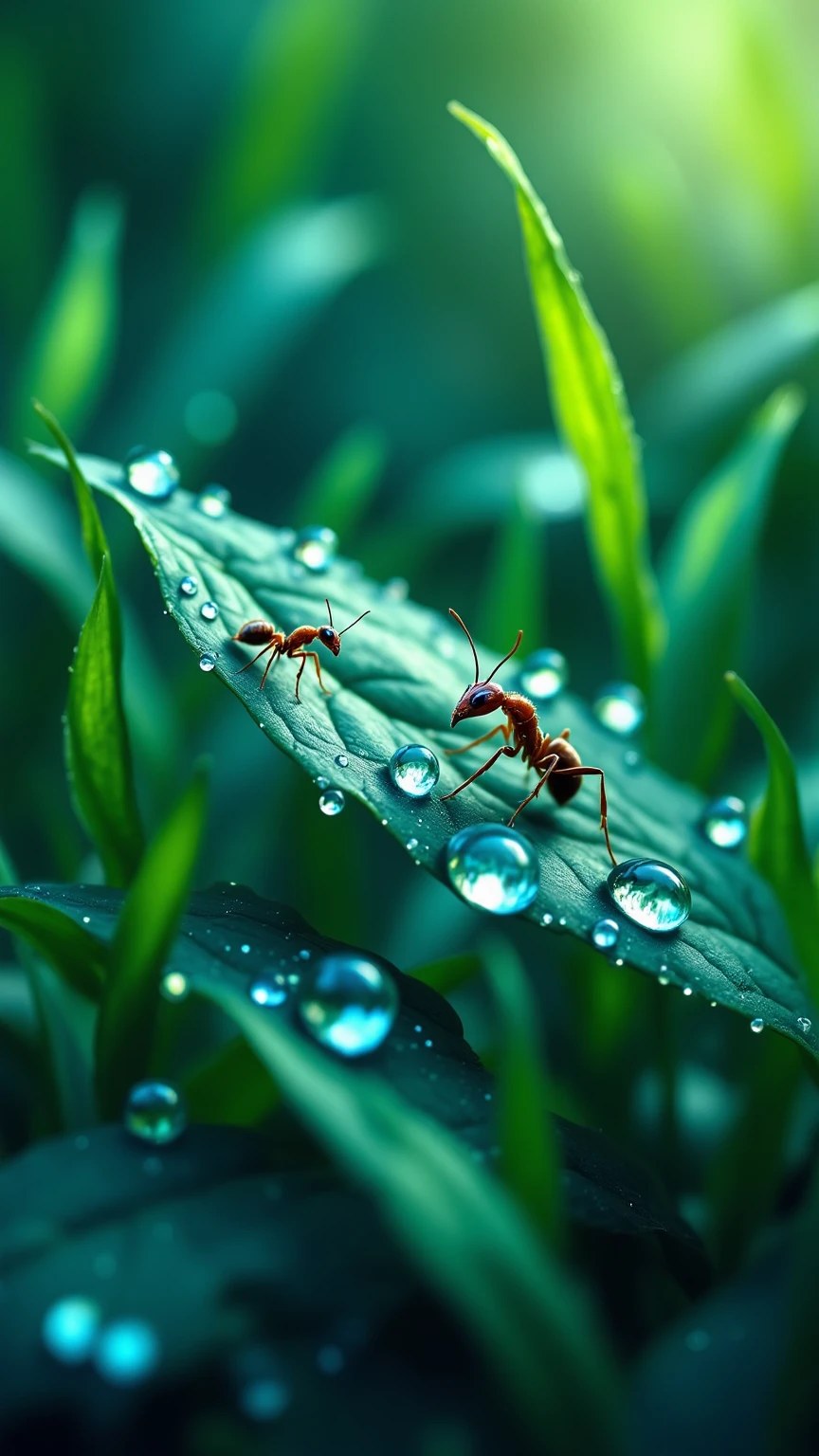 떨어지는 Giant Droplets을 보는 개미들의 세상,Focus insects are taking refuge,Focus ants showing water droplets popping apart,Giant Droplets,falling water,Insect Evacuation,Close-Up Detailed Description,Giant Droplets 폭발,Nature Full of Life,Microscopic Life,Precise description,Clean Color,Realistic expression,Superrealistic Rendering,Professional Level Details,4k High Resolution ,Vibrant textures,rich colors,Lighting Processing,dreamy atmosphere,Naturalistic style
