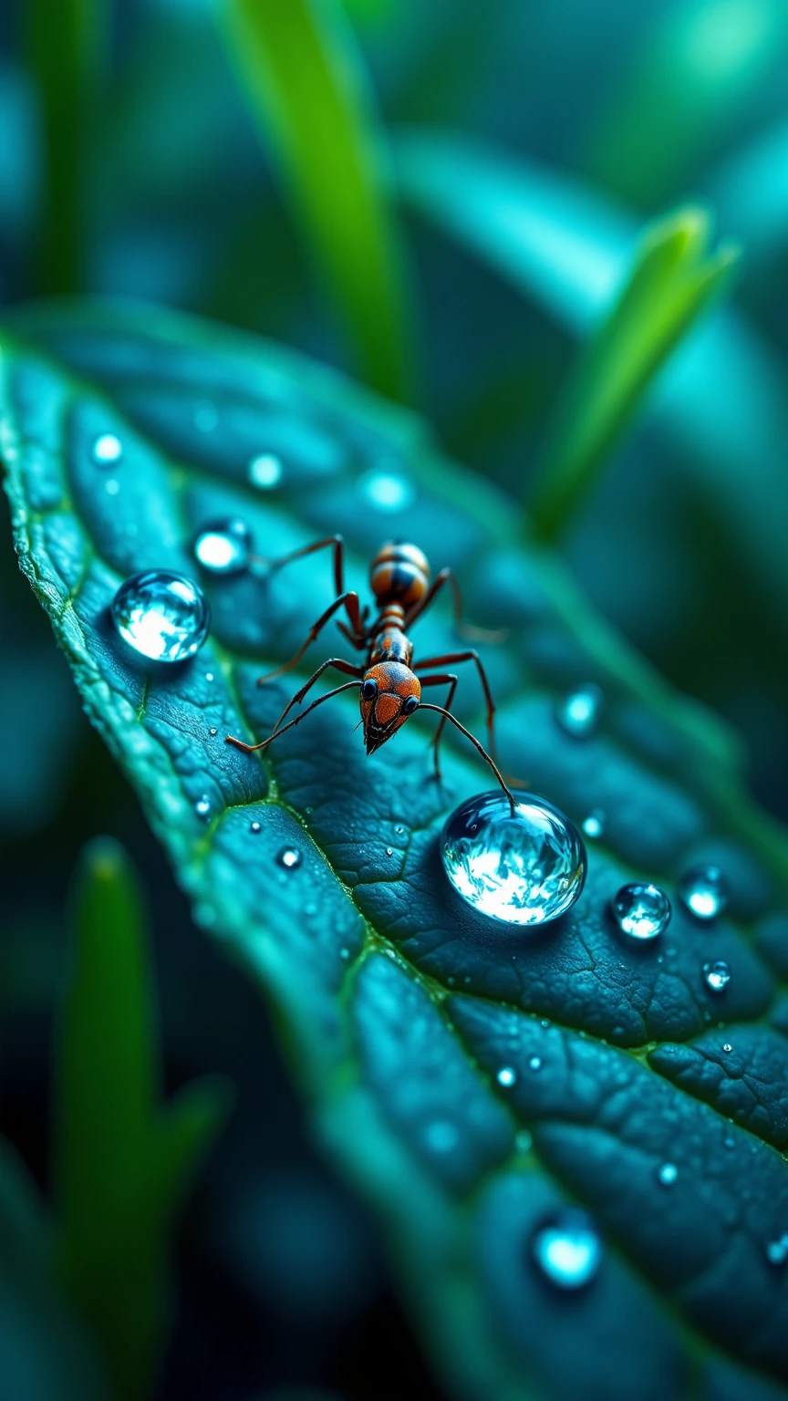 떨어지는 Giant Droplets을 보는 개미들의 세상,Focus insects are taking refuge,Focus ants showing water droplets popping apart,Giant Droplets,falling water,Insect Evacuation,Close-Up Detailed Description,Giant Droplets 폭발,Nature Full of Life,Microscopic Life,Precise description,Clean Color,Realistic expression,Superrealistic Rendering,Professional Level Details,4k High Resolution ,Vibrant textures,rich colors,Lighting Processing,dreamy atmosphere,Naturalistic style