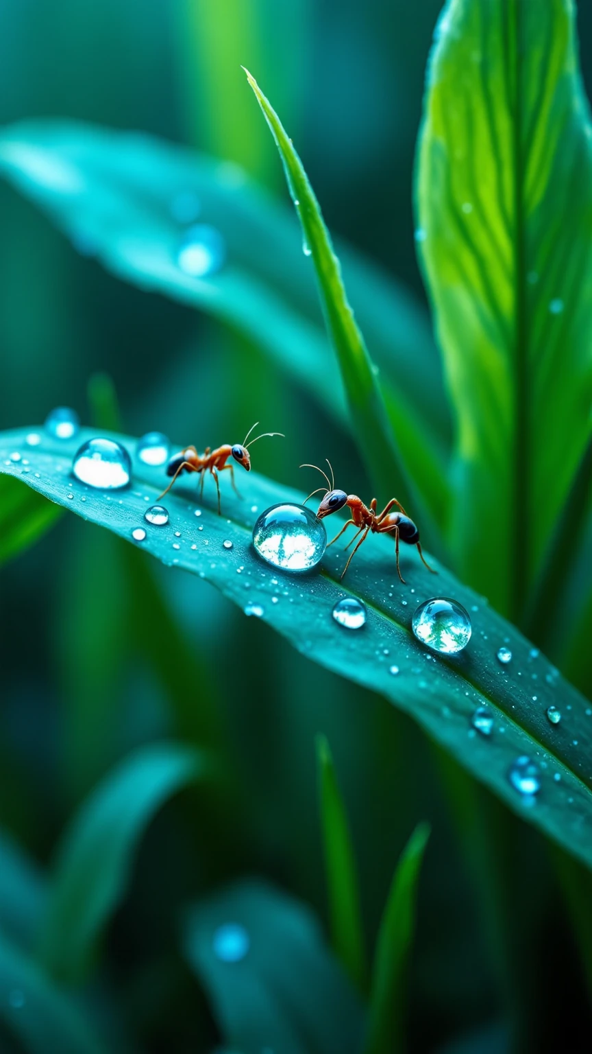떨어지는 Giant Droplets을 보는 개미들의 세상,Focus insects are taking refuge,Focus ants showing water droplets popping apart,Giant Droplets,falling water,Insect Evacuation,Close-Up Detailed Description,Giant Droplets 폭발,Nature Full of Life,Microscopic Life,Precise description,Clean Color,Realistic expression,Superrealistic Rendering,Professional Level Details,4k High Resolution ,Vibrant textures,rich colors,Lighting Processing,dreamy atmosphere,Naturalistic style