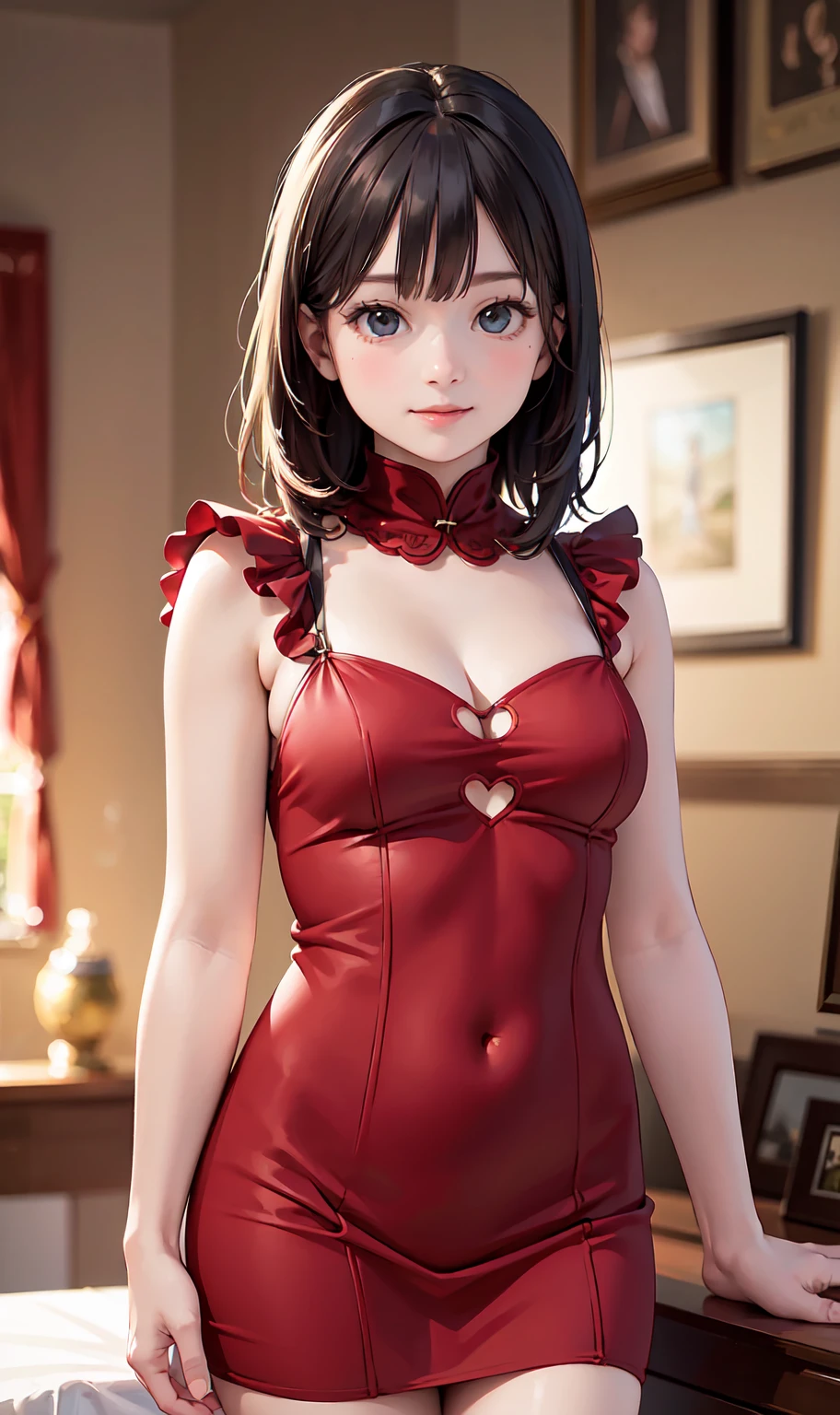 very cute and beautiful girl,(highly detailed beautiful face and eyes),
standing,cowboy shot,(glamorous frilled red nightgown),looking at viewer,(smile),black hair,
antique hotel bedroom at night,window,night city overview,
(best quality,masterpiece),absurdres,highres,ultra-detailed,extremely detailed,32k,8k resolution,
intricate details,cinematic scene,detailed background,solo,dynamic angle,
