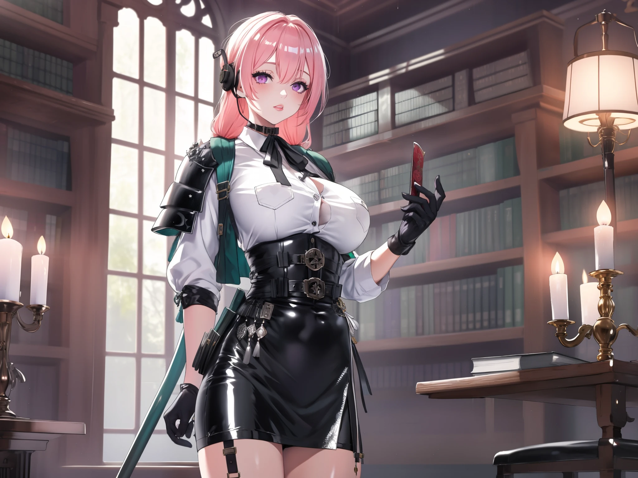 bright clothes, a girl, (Yanagi Tsukishiro ), Alone, Standing, front view, looking at the spectator , long braided hair pink, beautiful eyes , detailed eyes , purple eyes shirt, huge breasts, sensual lips, ((samurai armor shoulder pad)) , (earpiece), harness, glasses, choker :1.6, black gloves, ((high waist shiny black miniskirt)), ((White buttoned shirt with collar)), (black ribbon for the chest), (dark green neck strap), (Gothic style library ), Gloomy ambience, candelabras