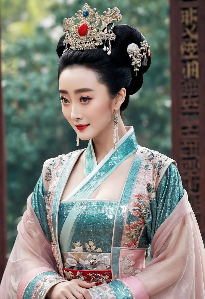 Close-up, focus face, (looking at viewer:1.3), Chinese, 30 years-old, One of the three most beautiful women in the world, A beauty known all over the world, (light Brow hair, beautiful lip, little smile), (middle breasts, slender whist, middle hip ) ,(Silk Chinese clothing、Royal clothing, Chinese shoes ), Full body, standing pose, on ground , in palace garden, (masterpiece, highest quality, High resolution, Photo realistic, sharp, RAW Photos, 8k wallpaper, perfection, Professional Lighting, Very detailed)