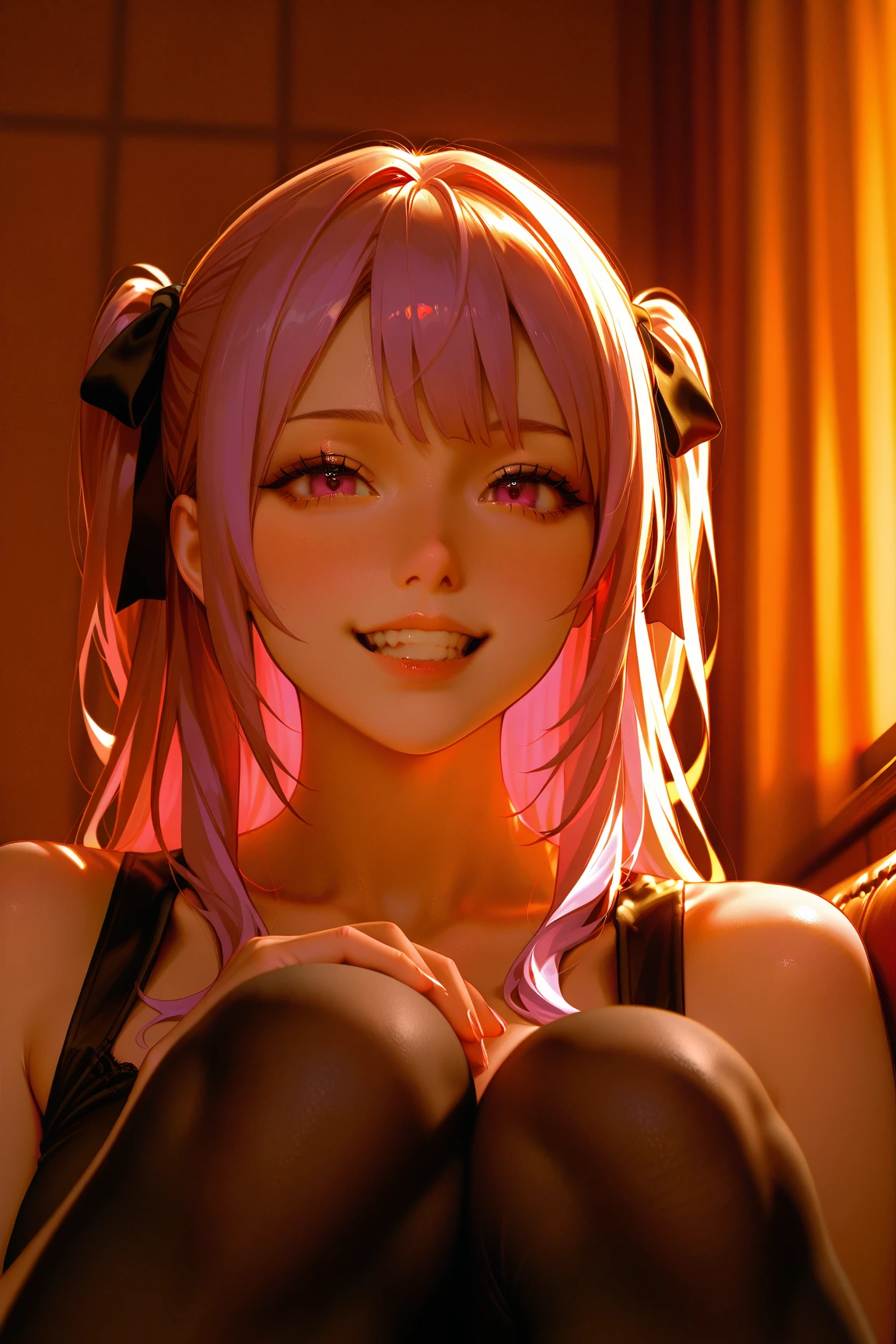 4k, ,Lens flare, twin tails, pink hair ,mascara, eyeliner, god rays, 4k, 8k, best quality, masterpiece, hyper detailed, intricate detail, 1boy, 1 girl, detailed, Detailed fuchsia hair ++, detailed pink eyes ++, raytracing, perfect shadow, highres, enhanced eyes, huge breasts, horns, seductive, hyper detailed, Dressed in a silky black slip dress paired with a lace kimono-style robe, she exudes an alluring and stylish bedroom-inspired look. Delicate jewelry and subtle makeup enhance the charm,She wears two high ponytails on either side of her head, secured with matching ribbons or hairbands. This timeless style exudes a youthful and playful charm, One eyebrow raises slightly as she smirks with disdain, showcasing her superiority and contempt for others. evil smirk, extremely detailed pink eyes