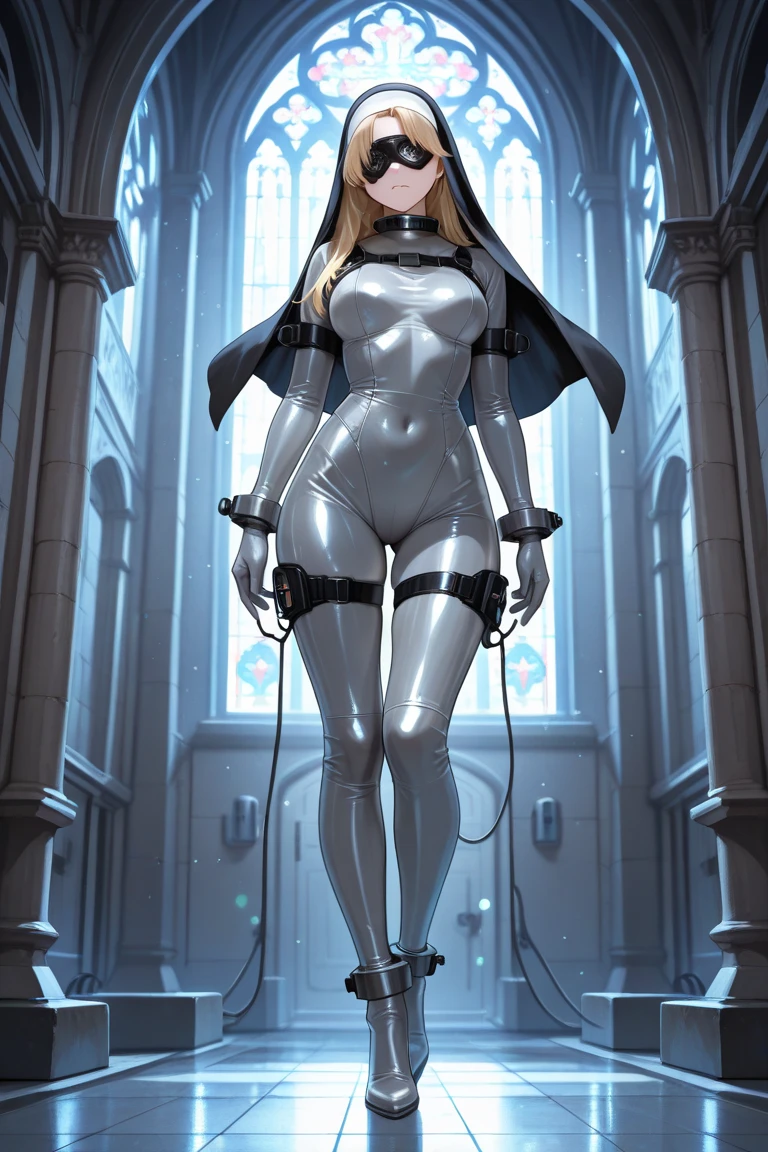 Full figure view of a nun wearing latex uniform