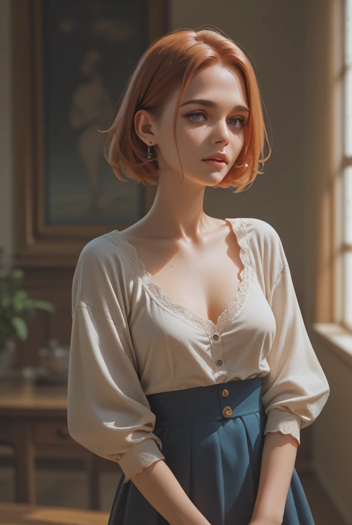 best quality, (masterpiece:1.2), illustration, absurdres, (1girl, solo), (beautiful detailed girl), ((upper body, portrait)),, Kaela MacMillan, short hair, orange hair, blue eyes, medium breasts, blue crystal earrings, white jacket, , cool, calm, looking at viewer,, inside elegant bedroom, night, window, curtain, starry sky, lamp, bookcase, nightstand, vase, desk,